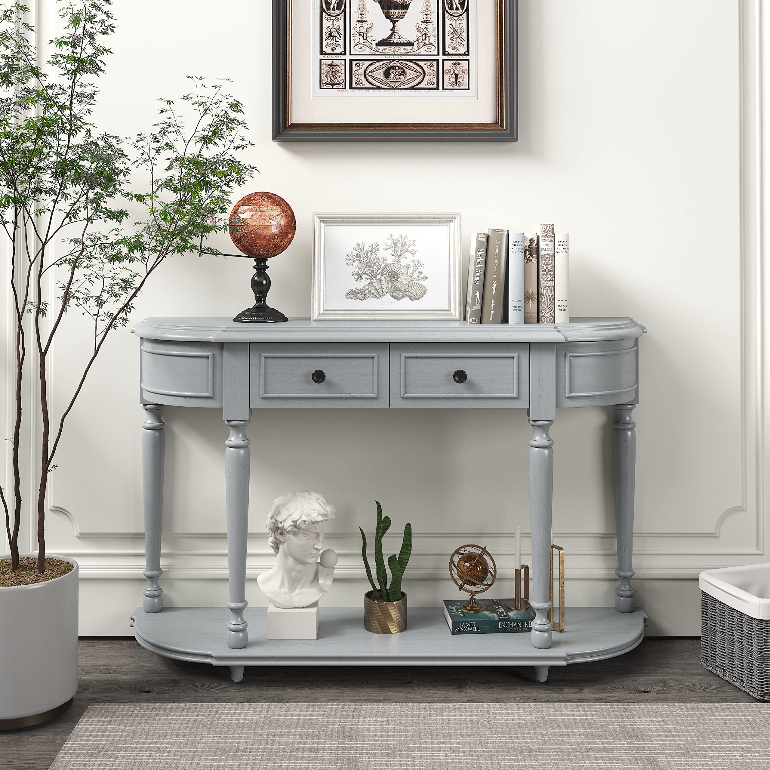 French Country Console Table with 2 Drawers & Open Shelf - Wood Entryway Buffet, Sofa Sideboard Cabinet - Curved Design Gray Wash for Living Room, Hallway & Dining Room Decor