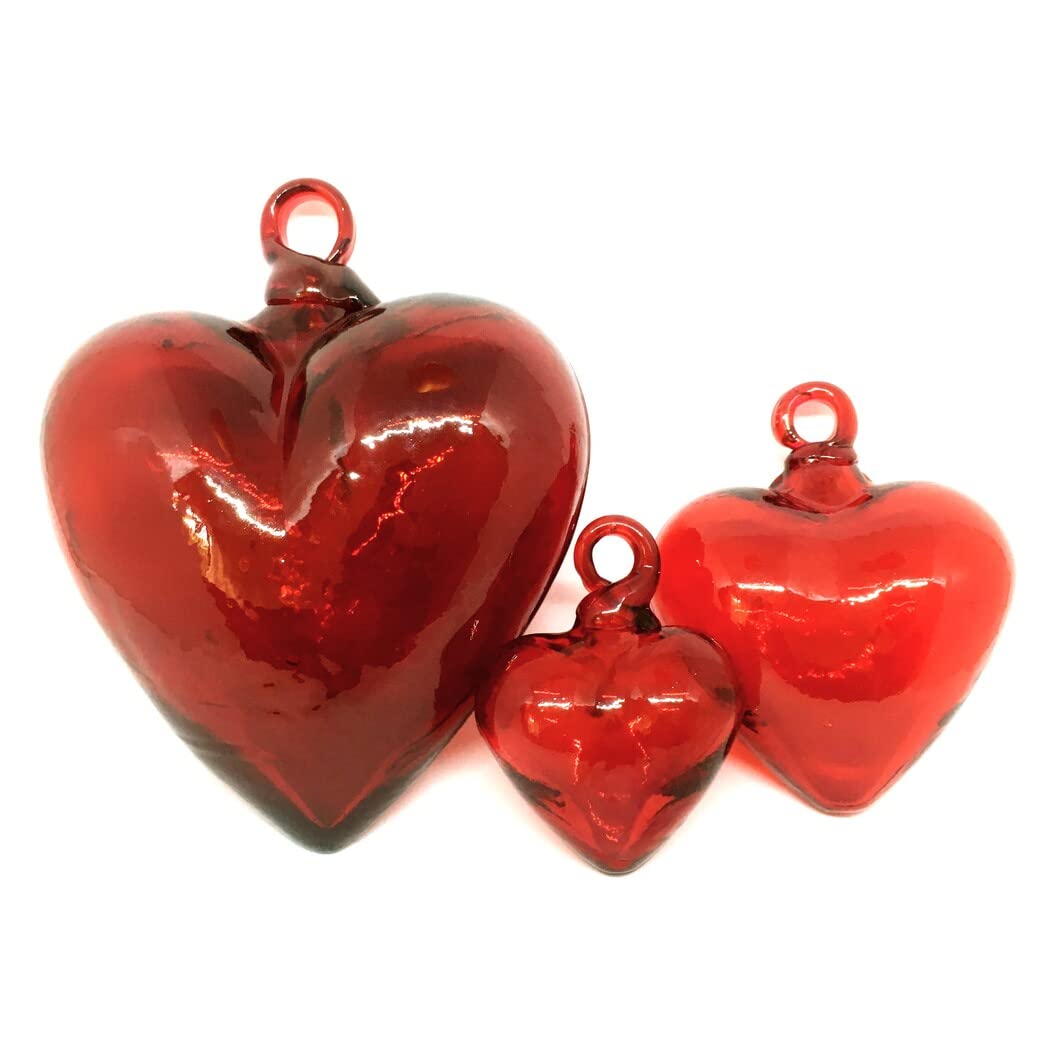 Red Hanging Glass Hearts Set of 6 - Handmade Recycled Blown Glass Decor in 3 Sizes - Perfect for Valentine's Day, Wedding Decorations & Home Wall Ornaments