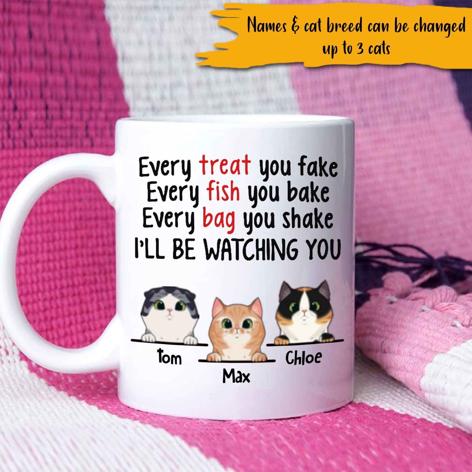 Personalized Funny Cat Coffee Mug - Custom 'Every Fish You Bake I'll Be Watching You' Design - 11oz White Ceramic Cup for Cat Lovers, Pet Parents - Choose Cat Breed & Name - Perfect Gift for Cat Moms & Dads - Great for Coffee, Tea, or Office Use