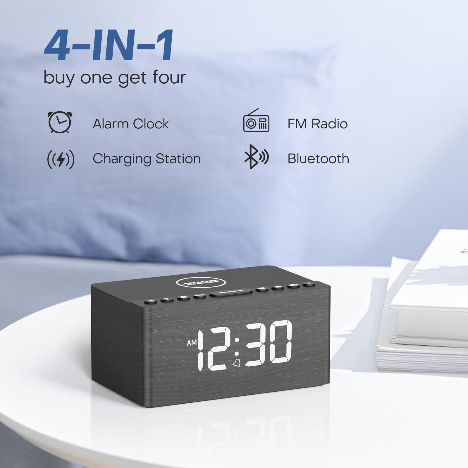 ANJANK Wooden Bluetooth Speaker Alarm Clock with FM Radio, Wireless Charging for iPhone & Samsung, USB Port, Dimmable Display, Sleep Timer - Digital Wooden Bedside Clock for Bedroom, Office, Nightstand (Gift Idea for Music Lovers)