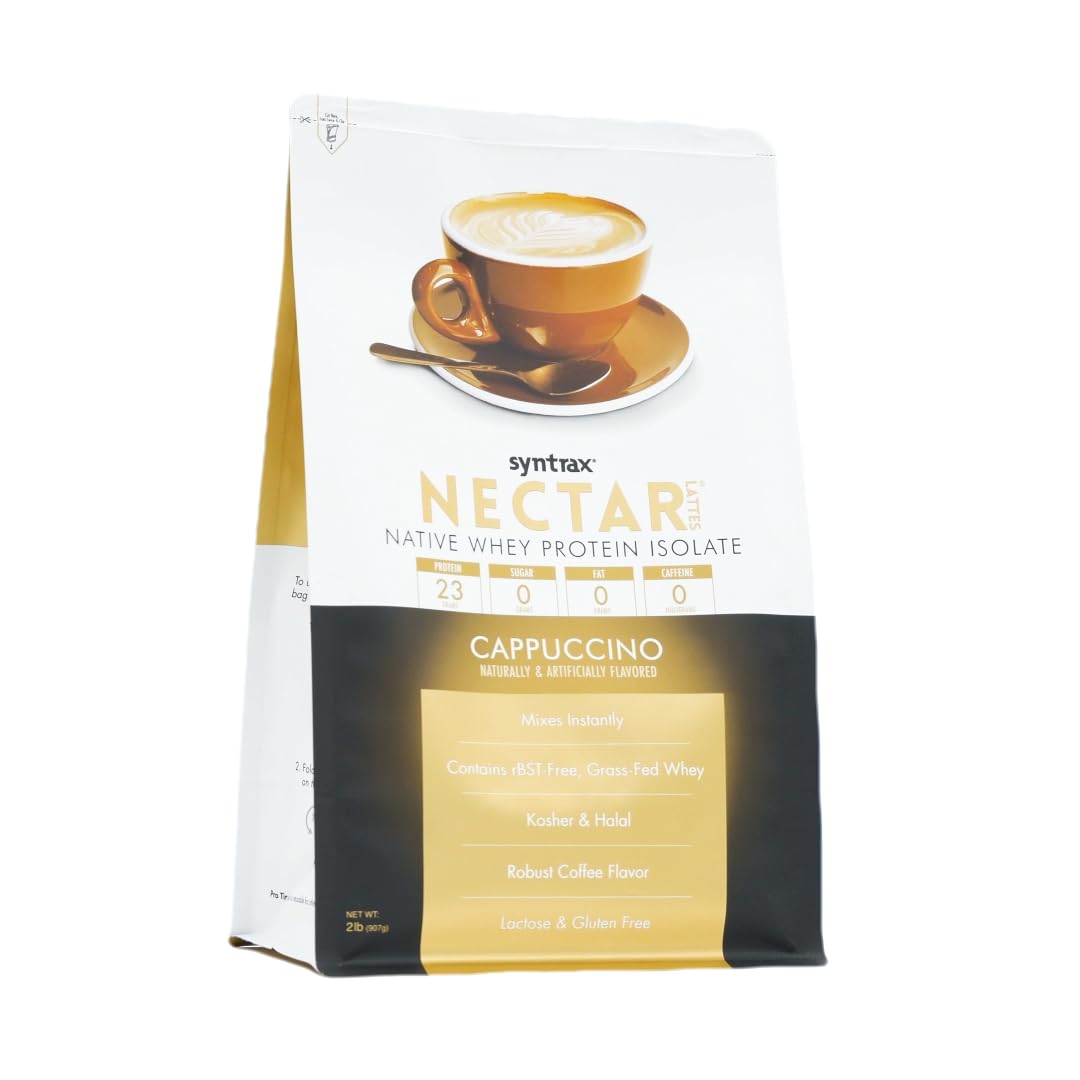Syntrax Nutrition Nectar Lattes - 100% Whey Protein Isolate Powder, Cappuccino Flavor, 2 lb (907g) for Post-Workout Recovery & Healthy Breakfast Smoothies