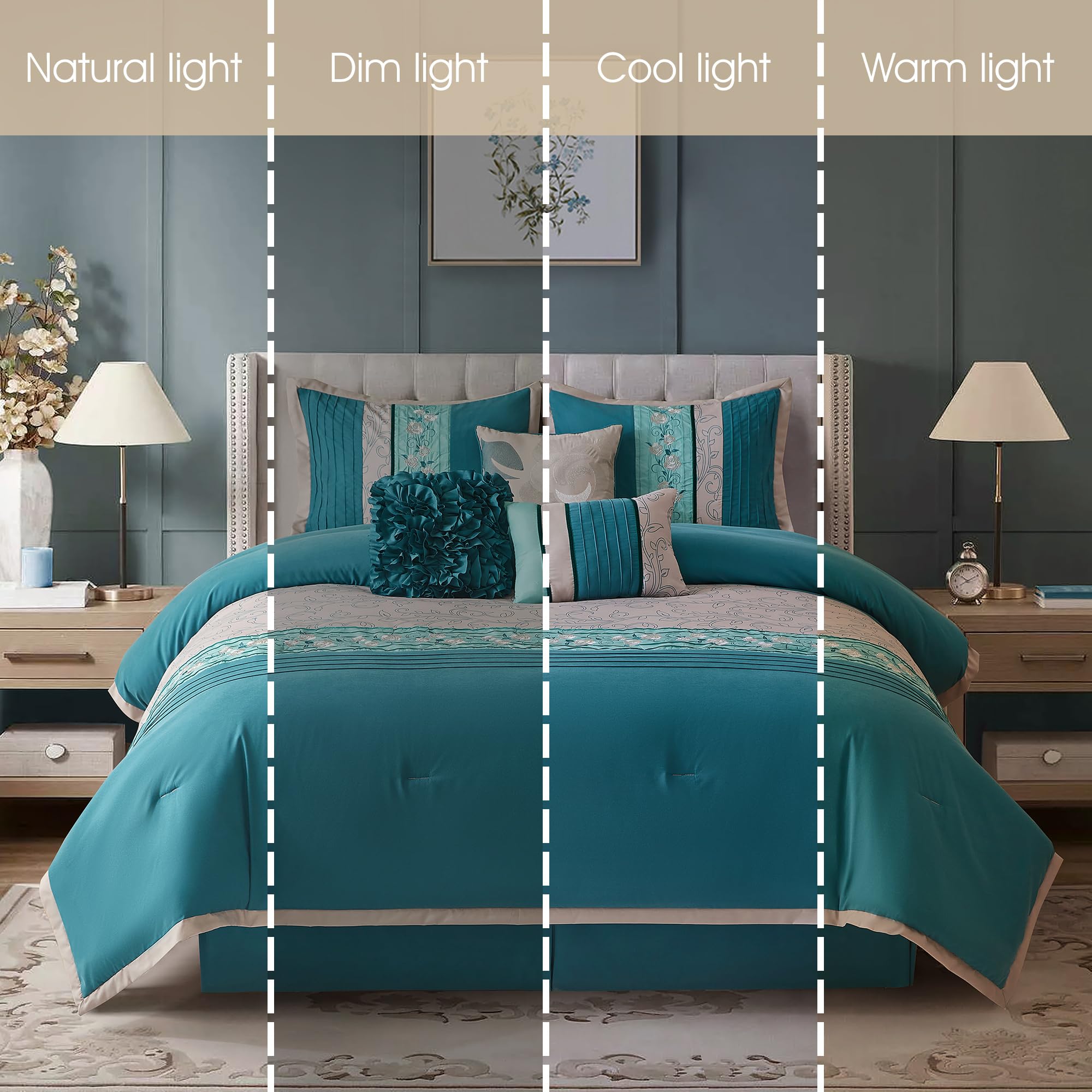 Grand Avenue Teal and Grey 7-Piece Queen Comforter Set with Pillow Shams & Bedskirt | Floral Bedding Collection for Home Decor | Perfect for Master Bedroom, Guest Room & Cozy Retreats