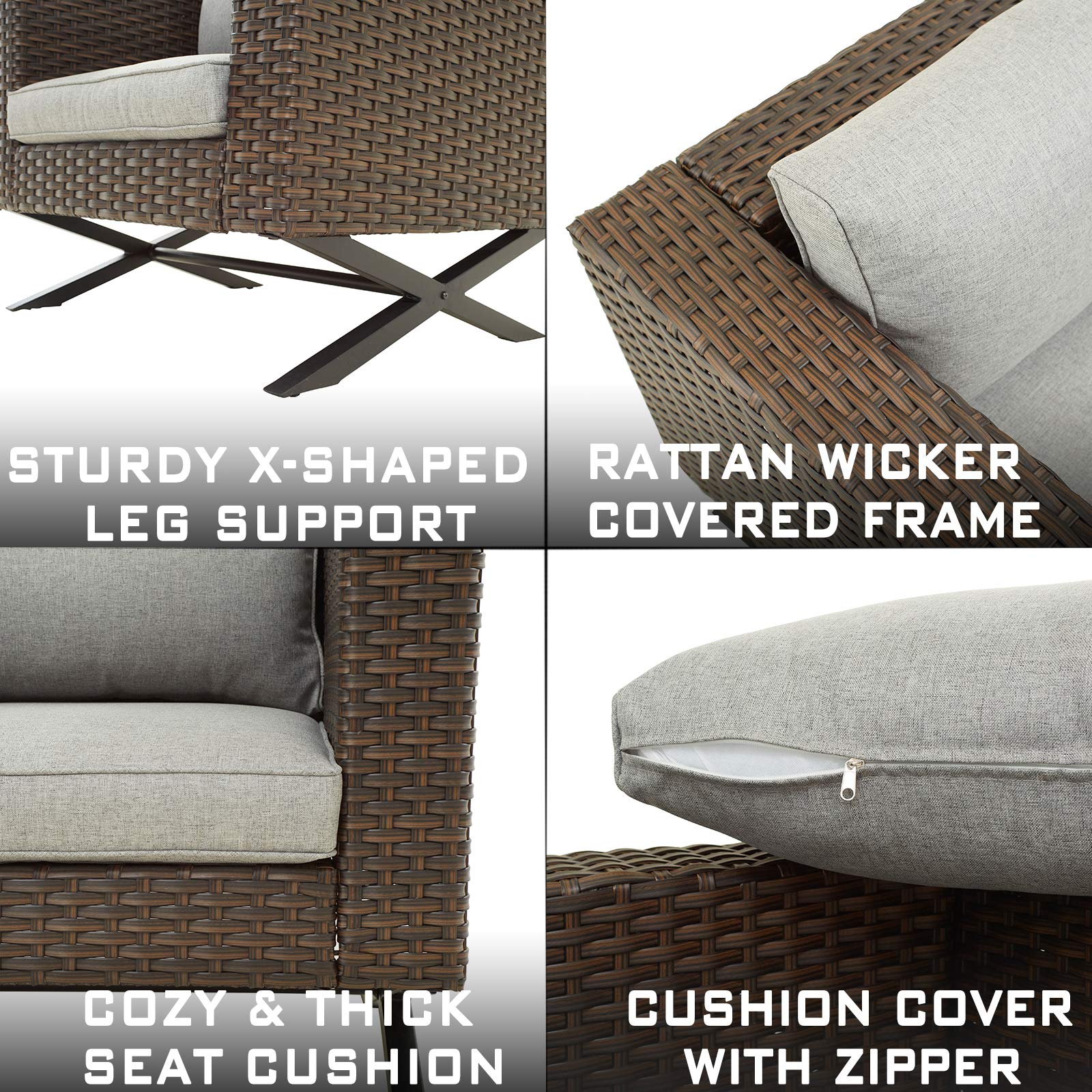 11-Piece Outdoor Patio Furniture Set - All-Weather Brown Rattan Sectional Sofa with Grey Cushions & X-Shaped Metal Legs - Perfect for Garden, Backyard, Poolside & Balcony Relaxation
