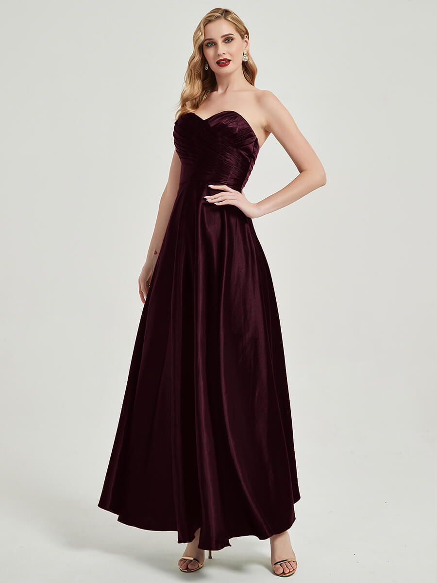 Elegant Cabernet Satin Sweetheart Strapless Floor-Length Pleated Bridesmaid Dress for Weddings, Formal Events & Special Occasions