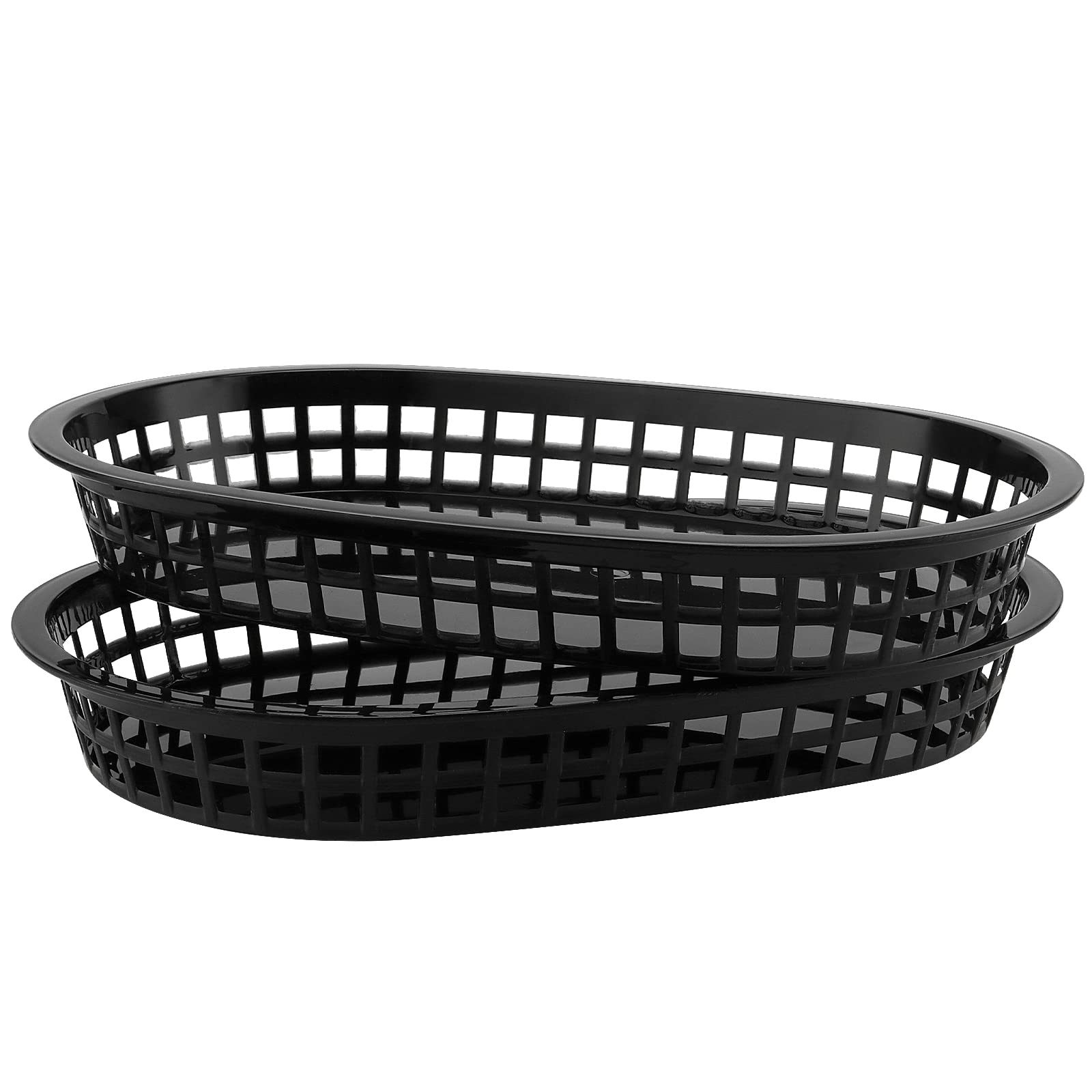 24-Pack 11x7 Inch Black Plastic Fast Food Serving Baskets - Oval Deli Trays for Burgers, Hot Dogs, Sandwiches, Fries & BBQ | Perfect for Restaurants, Food Trucks, Catering & Outdoor Parties