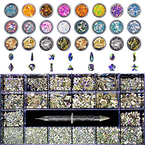 8000pcs Nail Rhinestones Kit with 24 Pots Nail Art Foil Flakes & Glitter Sequins - DIY Manicure Decorations for Nail Art, Salon, Party & Special Occasions