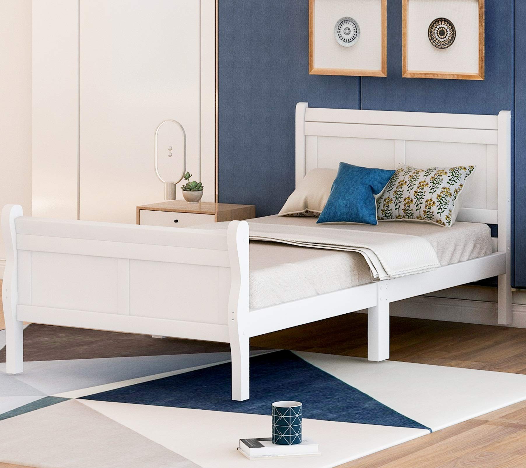 **Danxee White Wood Twin Bed Frame with Headboard & Footboard - Sturdy Platform Bed with Wooden Slat Support, No Box Spring Needed - Perfect for Kids & Teens Bedrooms, Guest Rooms, Dorms (White)**