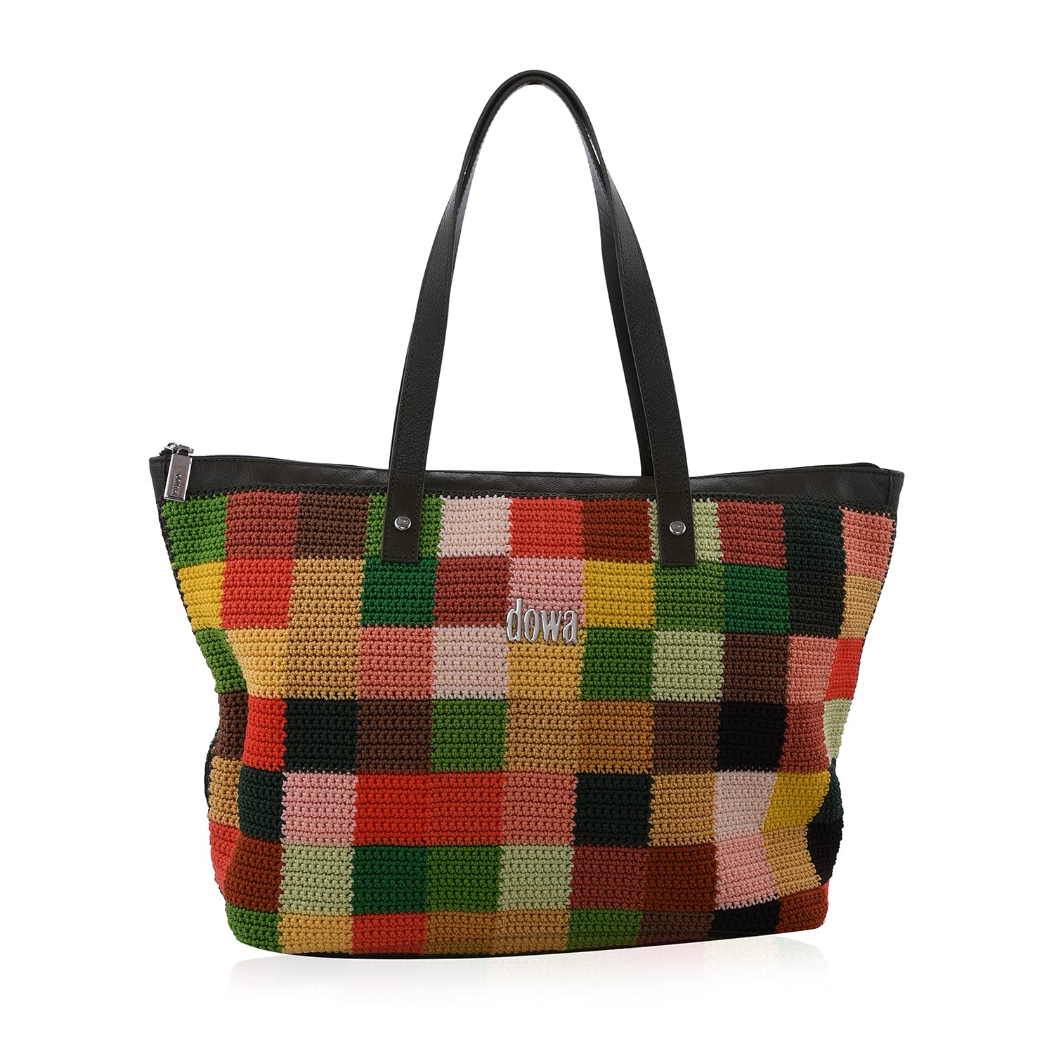DOWA Women's Multi-Color Leather Handwoven Tote Bag with Knitted Fixed Strap & Zipper Closure - Stylish Castle Rock Design for Work, Travel & Everyday Use