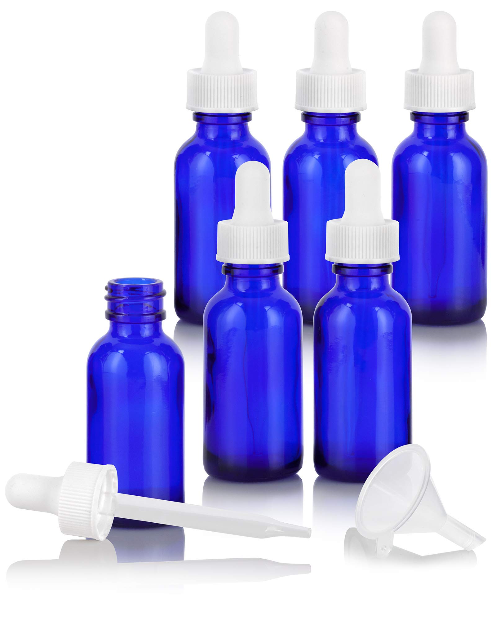 JUVITUS 6-Pack 1 oz Cobalt Blue Glass Boston Round Bottles with White Dropper Caps & Bonus Funnel - Essential Oil, DIY Beauty, and Travel-Sized Liquid Storage Solution