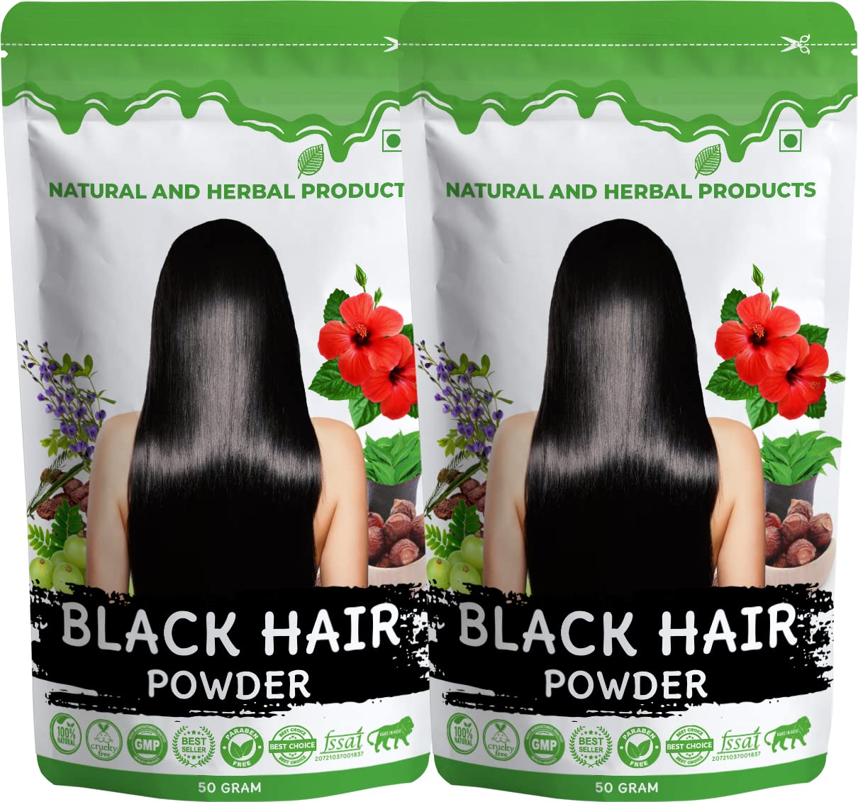 Natural Black Hair Powder with Henna - Hair Dye & Growth Treatment for Women & Men | Reduces Hair Fall, Conditions & Strengthens Hair | Long-Lasting Black Mehndi Color (50g, Pack of 2) | Perfect for Home Hair Care & Special Occasions
