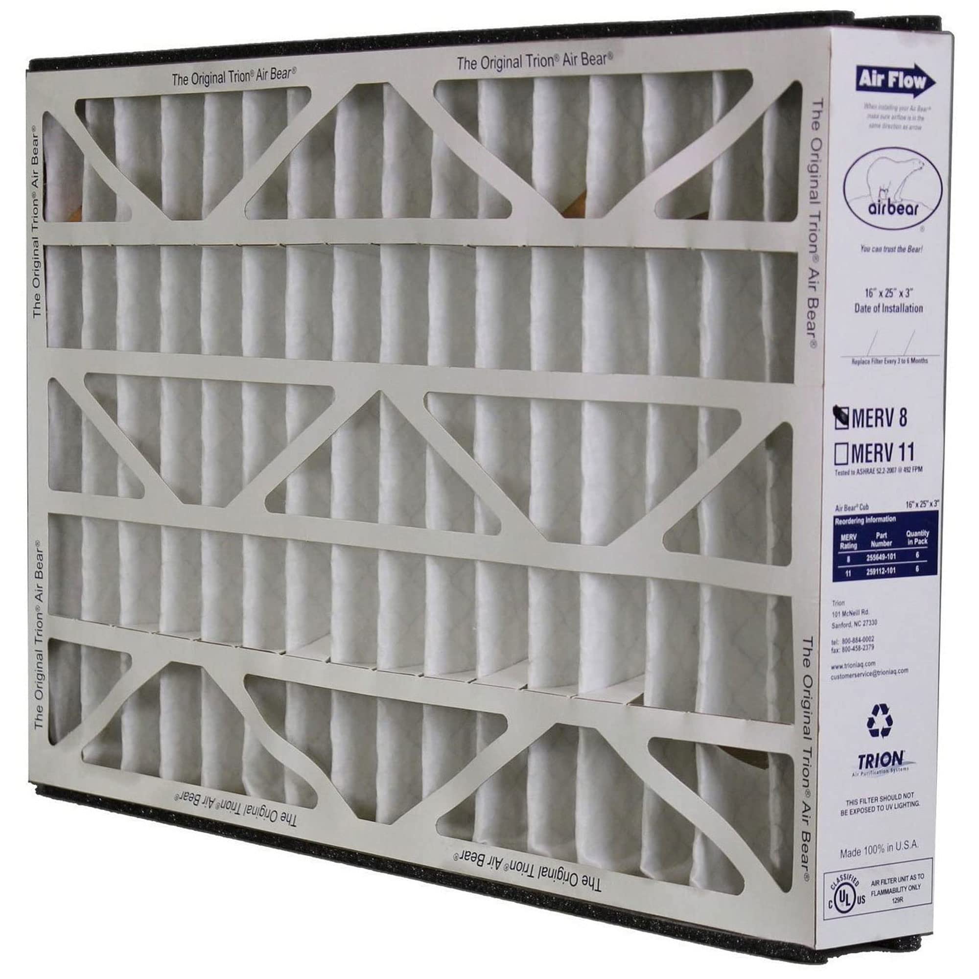 Trion 255649-101 Air Bear 16x25x3 Inch MERV 8 Replacement Air Filters (6 Pack) - Compatible with Air Bear Supreme, Right Angle & Cub Air Purifiers - Perfect for Home, Office & HVAC Systems
