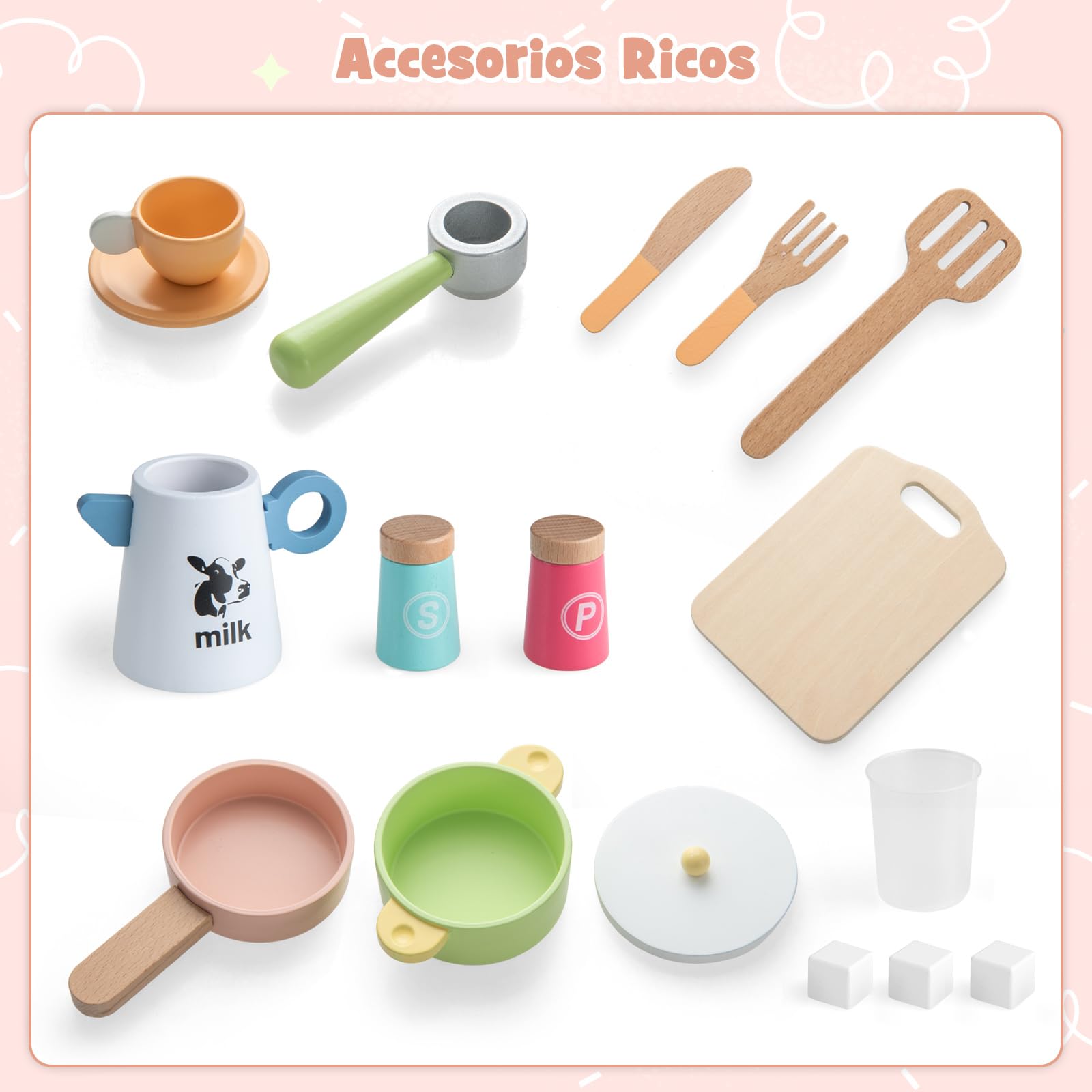 COSTWAY Wooden Play Kitchen Toy with Microwave, Coffee Maker, Ice Machine, Sink, Clock, Oven & Accessories - Pink Pretend Cooking Set for Toddlers & Kids Ages 3+ | Interactive Role Play, Imaginative Fun, Birthday Gift for Girls & Boys | Perfect for Home, Preschool & Daycare Playrooms