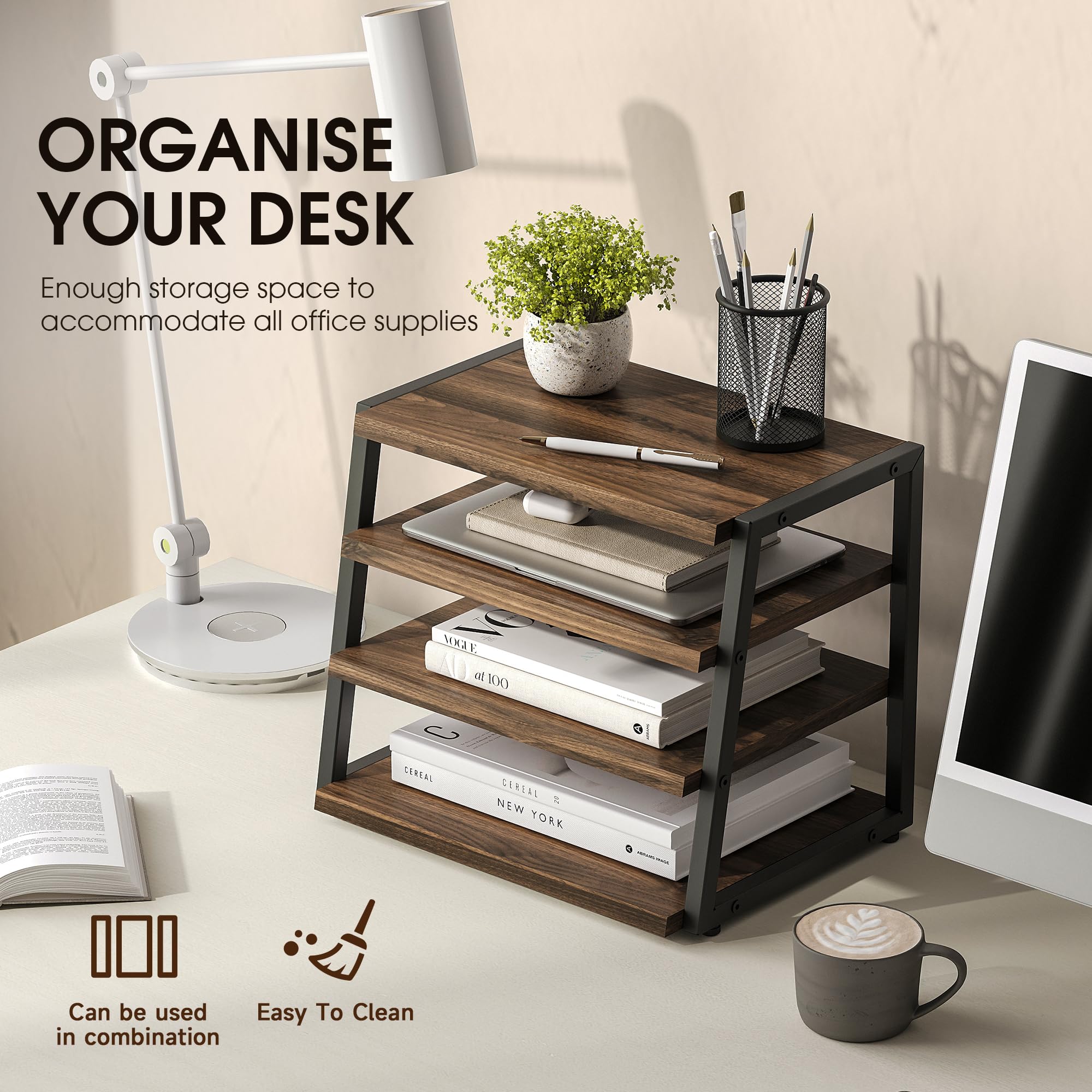 4-Tier Wood & Metal Desk Shelf Organizer - Office Supplies Storage, File Holder for Home & Office Workspace - Perfect for Organizing Books, Files, Stationery on Desks & Corners