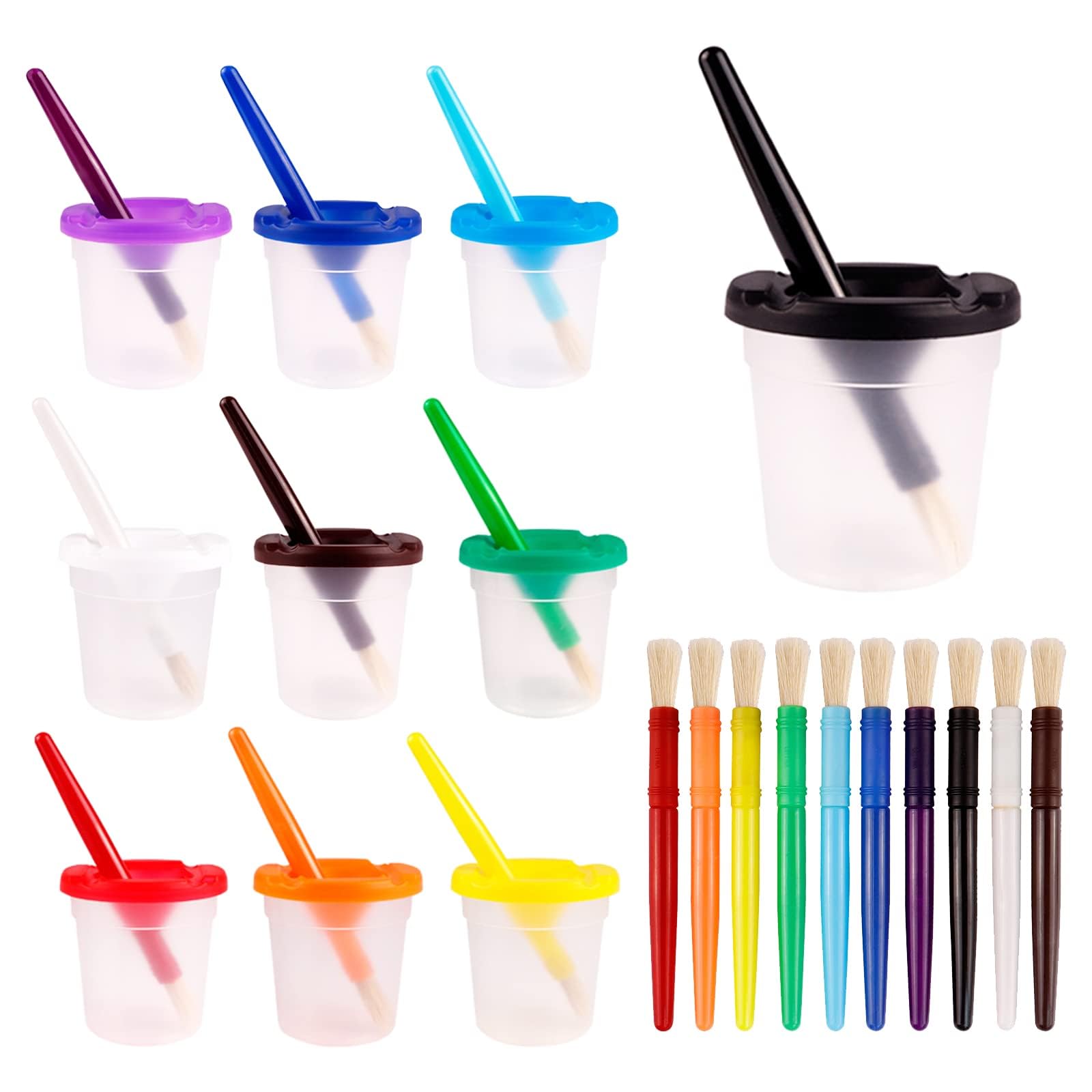 30PCS Spill-Proof Paint Cups with Brushes & Colored Lids - Non-Toxic Toddler Art Supplies for Kids Painting, DIY Crafts, Classroom Activities & Party Favors