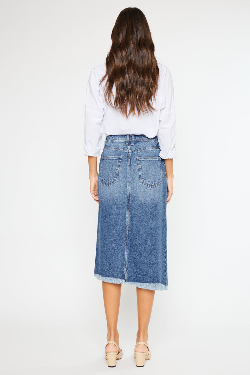 Indigo High Rise Midi Skirt for Women - Stretchy A-Line Denim Skirt with Pockets | Perfect for Casual Outfits, Office Wear & Date Nights
