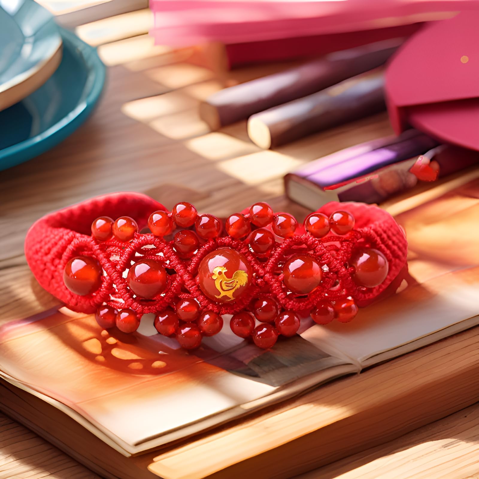 Handmade Red Rope Bracelet with Natural Beads & Chinese Zodiac Pig Charm - Adjustable Lucky Jewelry for Women, Birthday Gift, Feng Shui Accessory (Perfect for Chinese New Year, Valentine's Day & Daily Wear)