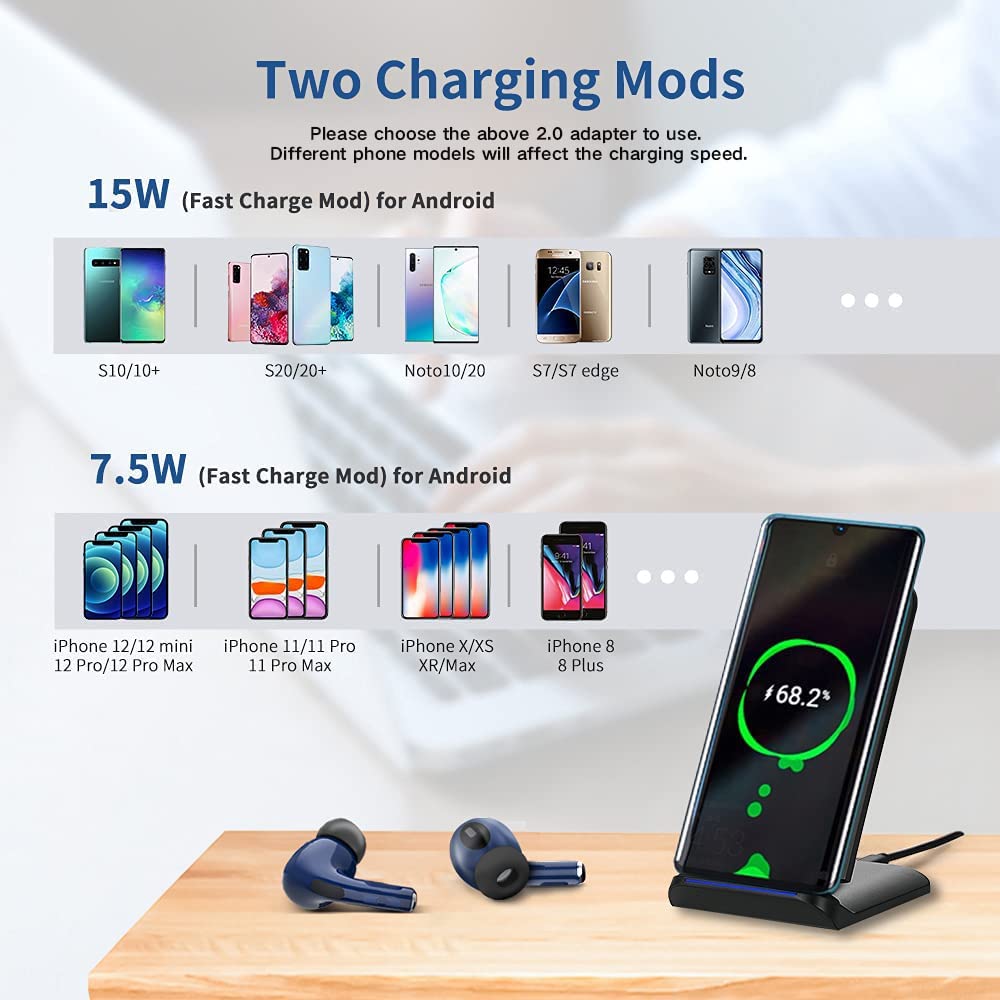 WAIWAIBEAR 15W Fast Wireless Charger Stand - Qi-Certified Phone Charging Dock for iPhone 13/12/11/SE/X/8 Plus, Samsung Galaxy S21/S20/S10/S9/S8, Google Pixel - Perfect for Bedside, Office & Car Use