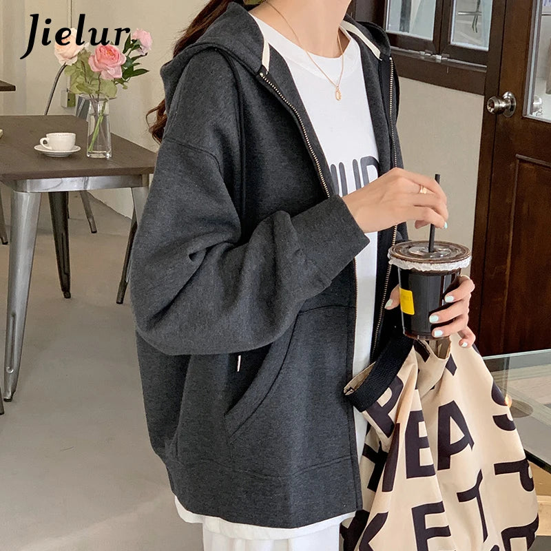 Women's Autumn Zip Up Hoodie - Casual Streetwear Loose Fit Thin Blue Gray Apricot Sweatshirt with Pocket | Cozy Fall Outerwear for Everyday Wear, Travel & College Campus Fashion