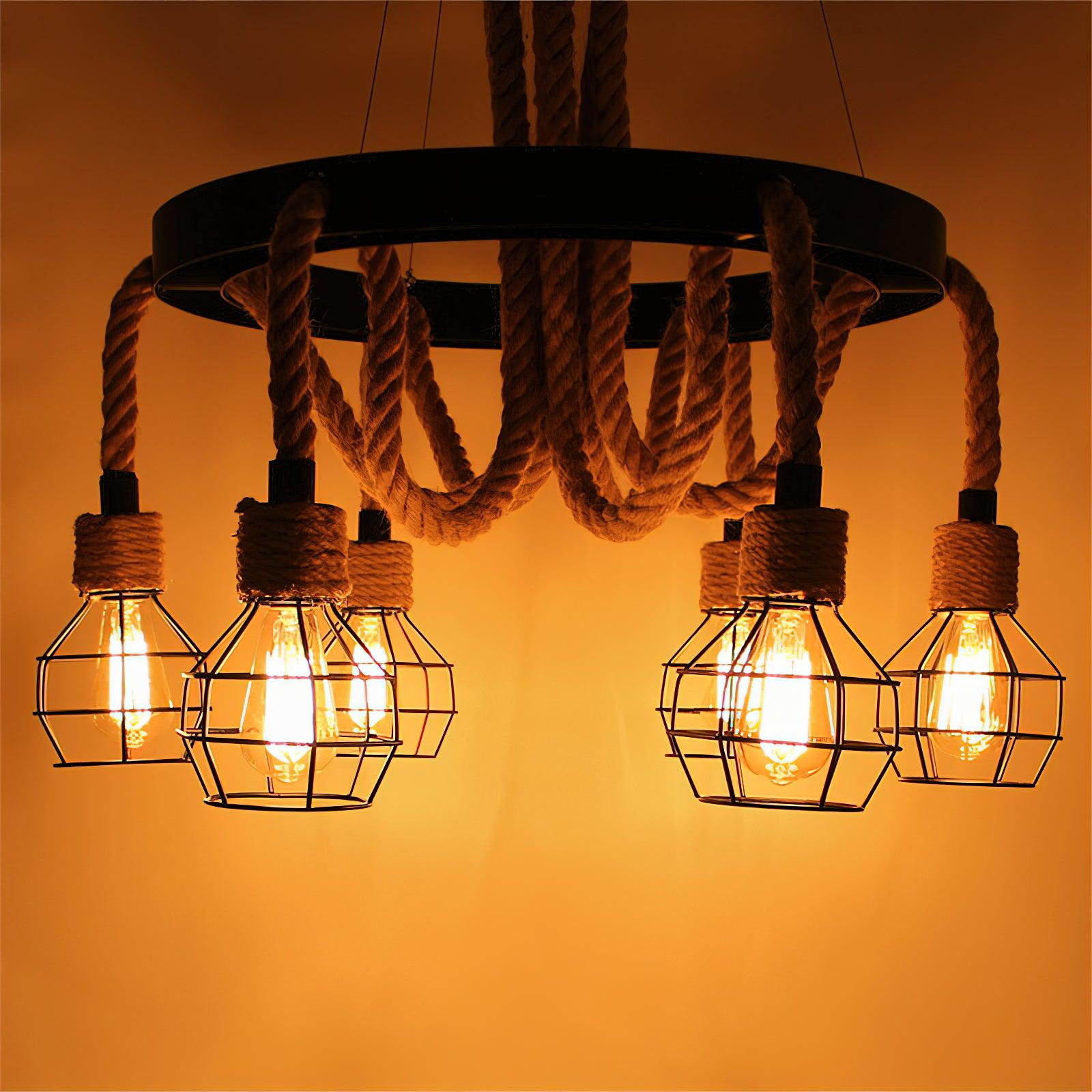 Premium Hemp Rope Industrial Starfall Chandelier - Handmade Boho Ceiling Light Fixture for Farmhouse, Loft & Restaurant Decor