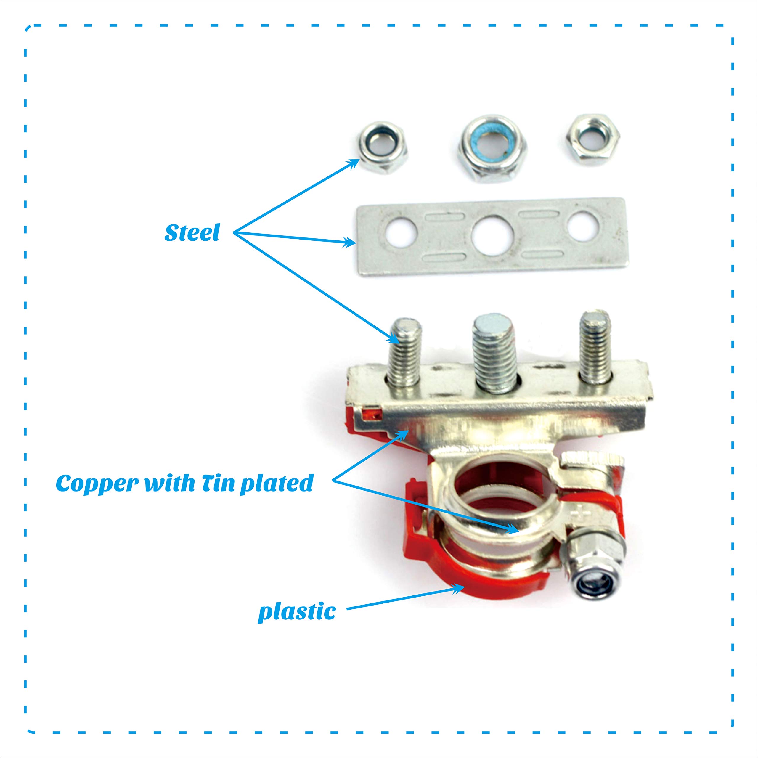 Heavy Duty 3-Way Top Post Battery Terminal Connector - 1pc Negative + 1pc Positive for Car, Truck, Boat & RV Battery Maintenance & Upgrades