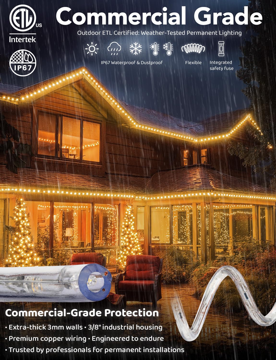 WYZworks 1656LEDs 150ft Outdoor LED Rope Lights - ETL Certified Waterproof, 360° Flexible Connectable Tube for Christmas, Palm Tree, Landscape & Patio Decor (Warm White) - Perfect for Holiday, Garden & Exterior Lighting