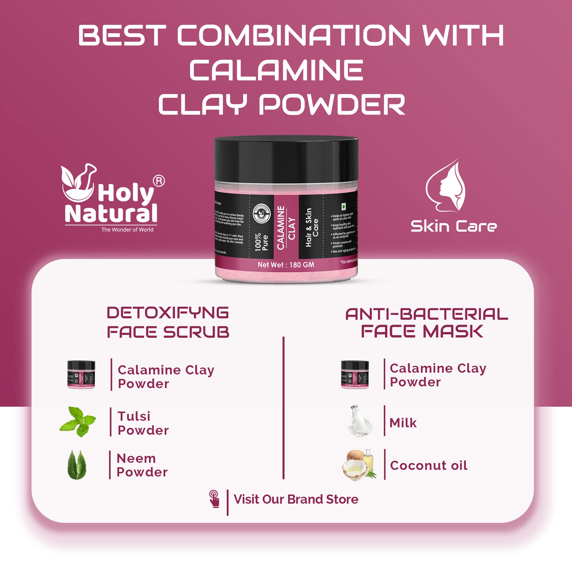 Holy Natural Calamine Clay Powder (180g) - Face & Skin Treatment for Acne, Brightening & Glowing Skin | DIY Face Mask & Pack | Perfect for Oily Skin, Pore Cleansing & Spa Days