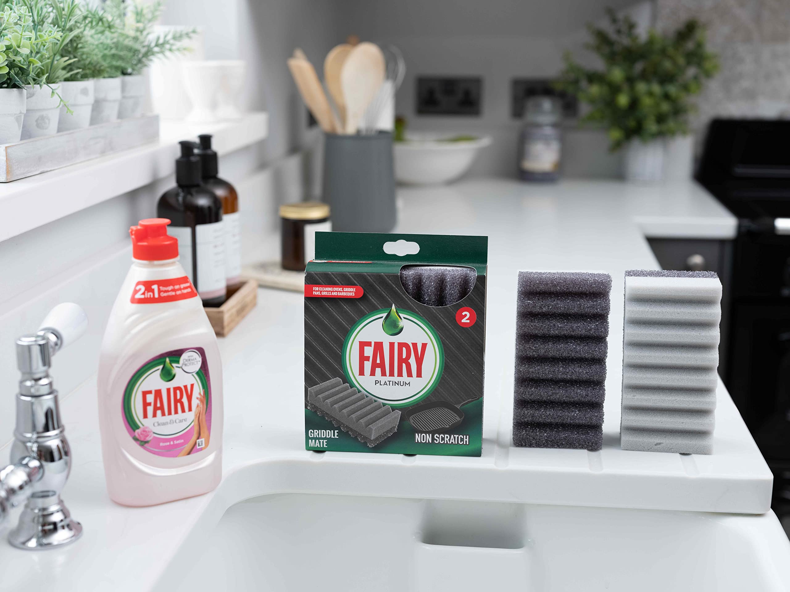 Addis Fairy Platinum Non-Scratch Dual Scourer for Oven Racks, BBQ Grills, Griddle Pans & Plates - Heavy Duty Cleaning Sponge (2-Pack, Grey) - Perfect for Kitchen, Camping & Outdoor Cooking