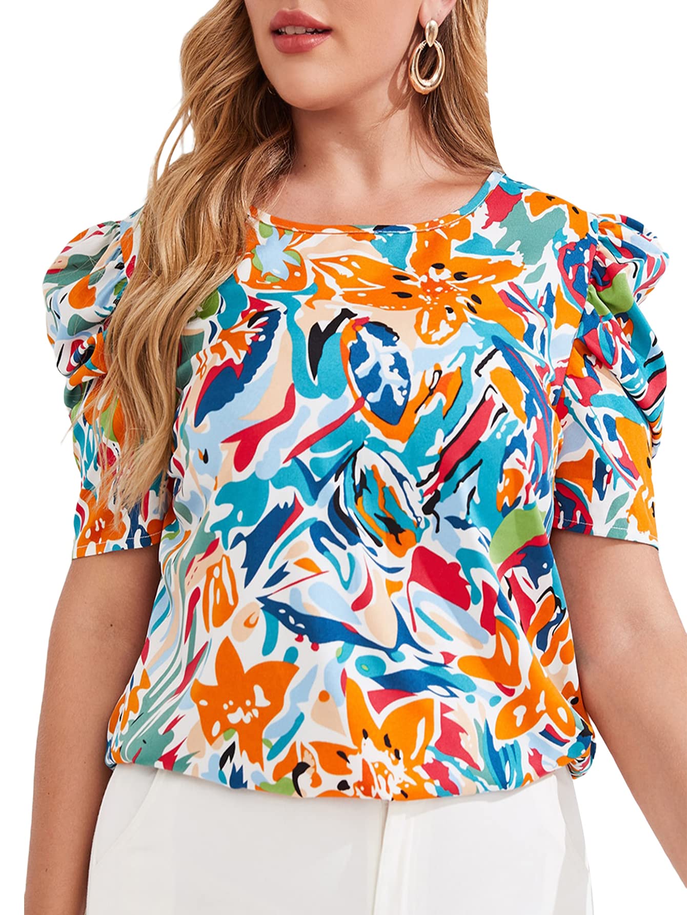 Romwe Women's Plus Size Printed Puff Sleeve Blouse - Round Neck Office Work Tops for Business Casual & Professional Wear
