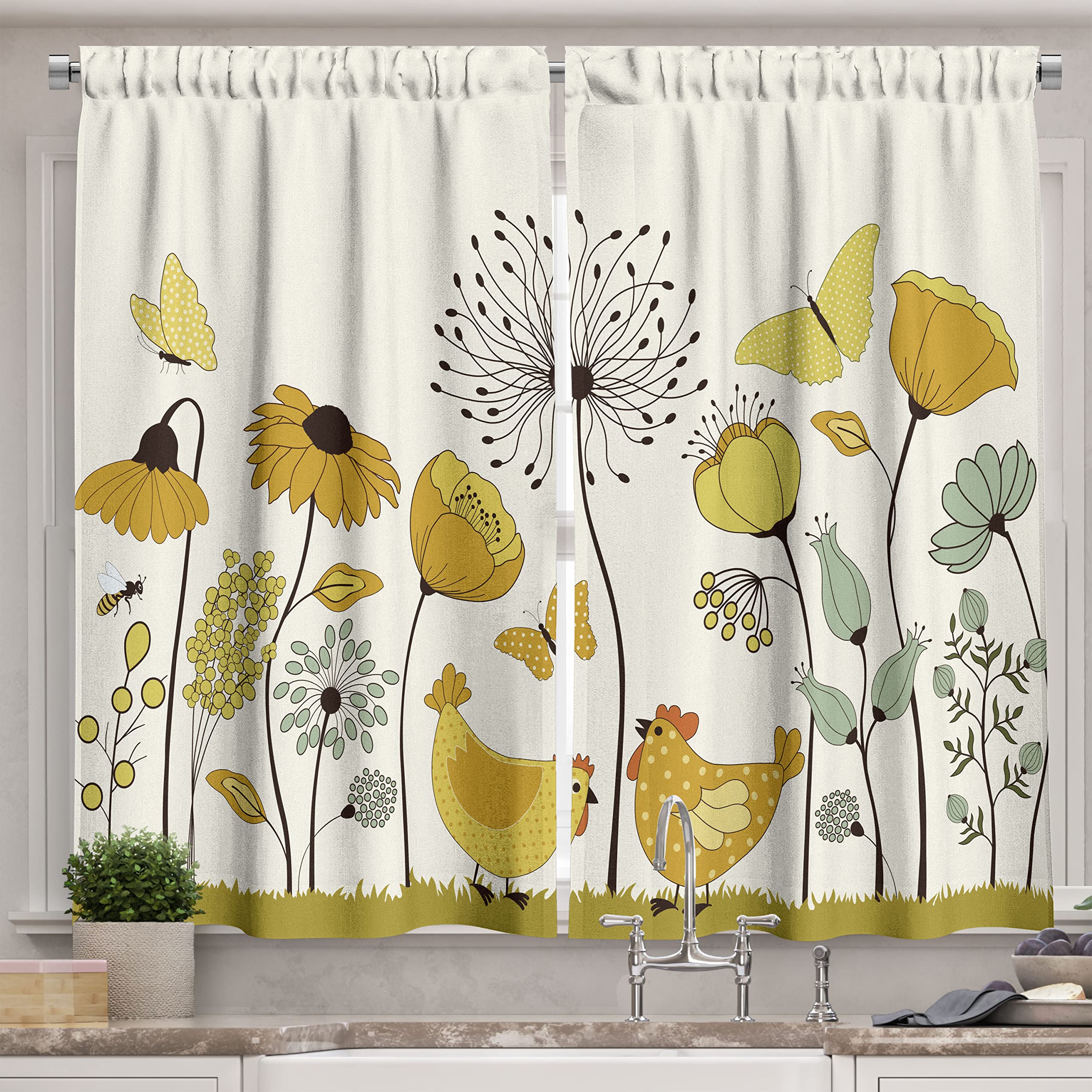 Lunarable Spring Long Kitchen Curtains - Polka Dot Chicken & Hen Design with Flying Butterflies Among Flowers, 2 Panel Rod Pocket Drapes for Home Decor, 55x45 Inches, Yellow Mustard - Perfect for Farmhouse, Country Style Kitchens & Spring Themed Dining Rooms