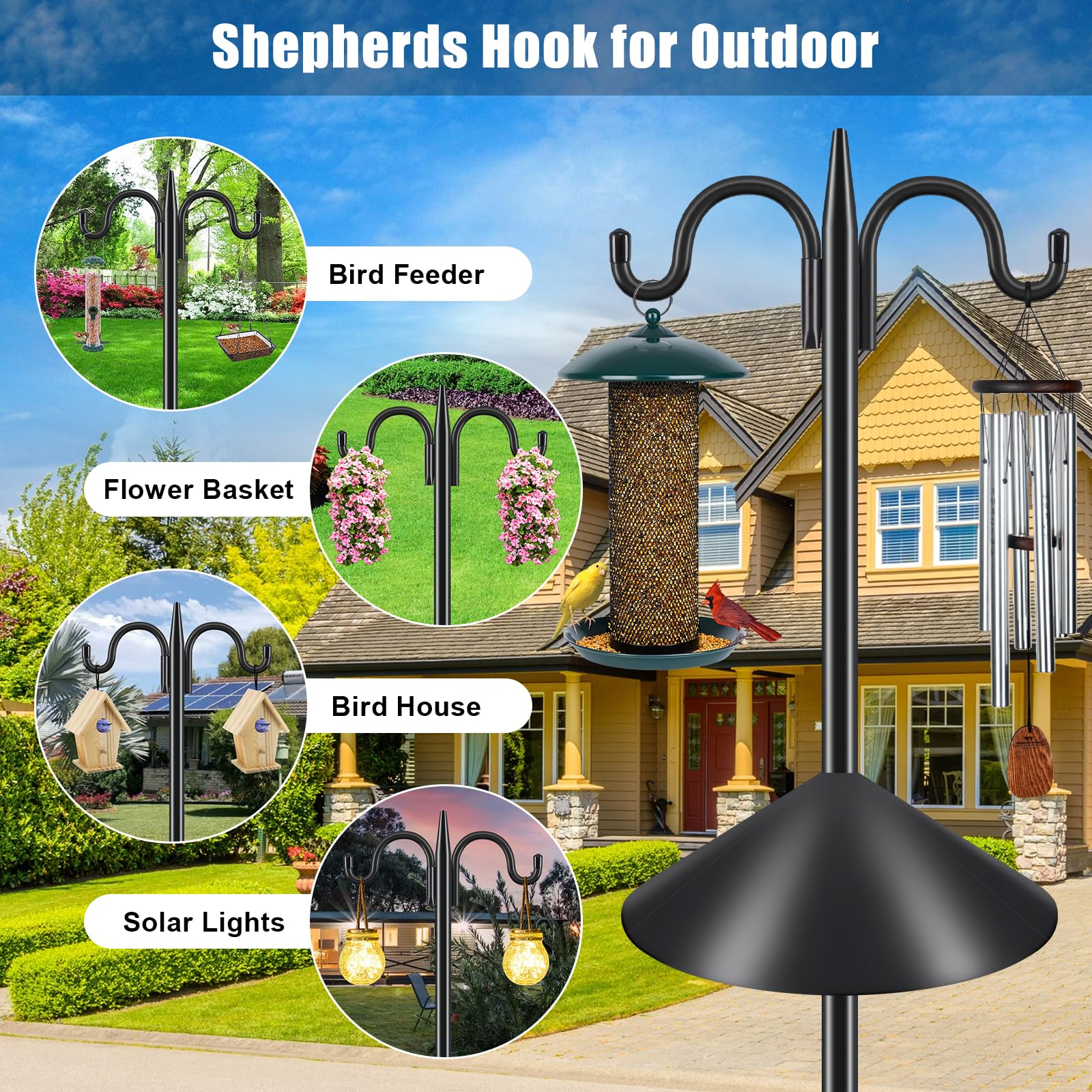 92 Inch Heavy Duty Squirrel Proof Bird Feeder Pole - Adjustable Double Shepherds Hook with Squirrel Baffles & 5-Prong Base for Hanging Plants, Bird Houses - Perfect for Backyard, Garden & Outdoor Decor (Black)