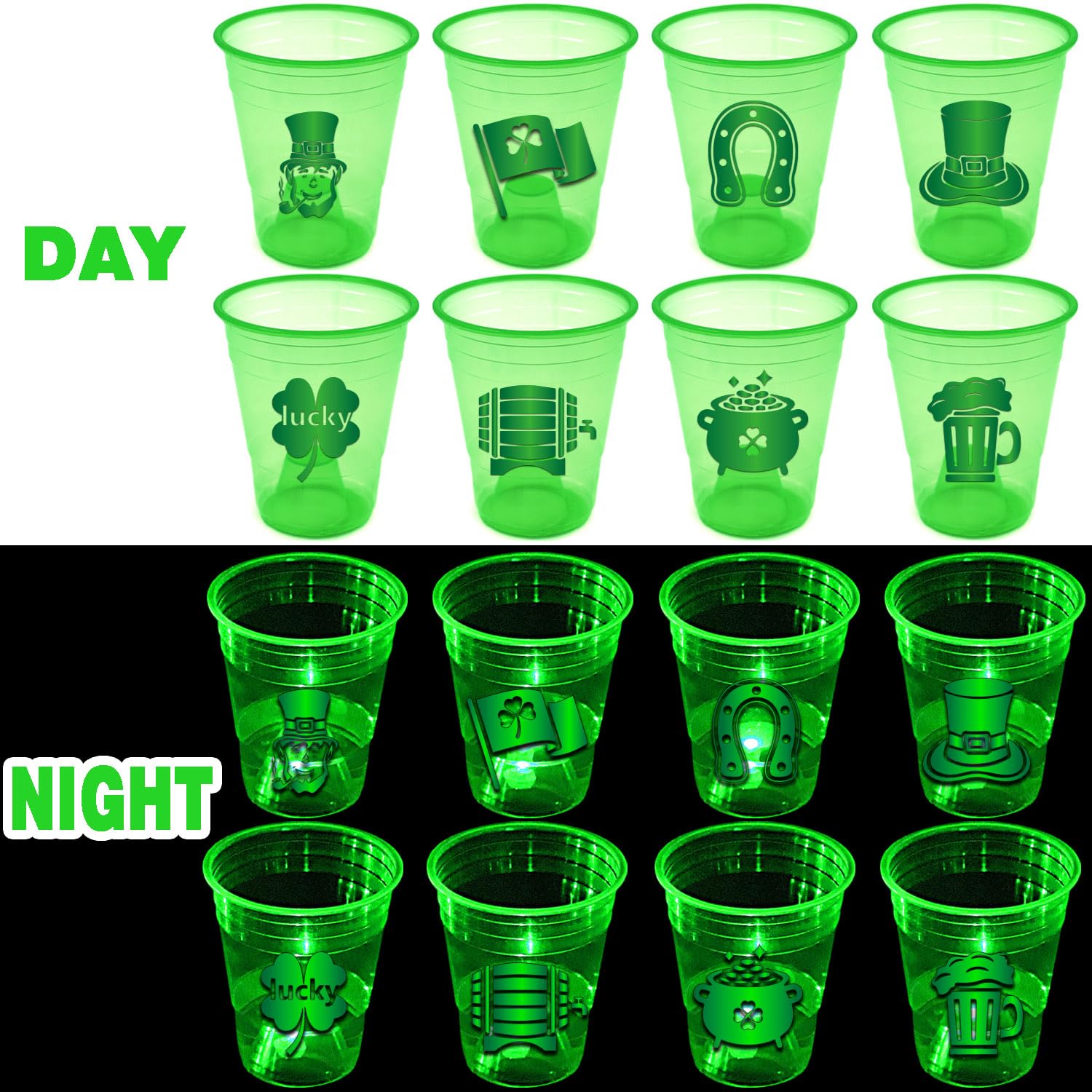 24 Pack Glow in the Dark St. Patrick's Day Party Cups - 16oz Shamrock Themed Disposable Cups for Nighttime Celebrations, Indoor/Outdoor St. Patty's Day Decorations & Party Favors - Perfect for Bar Crawls, Parades, Irish Themed Weddings & Pub Parties