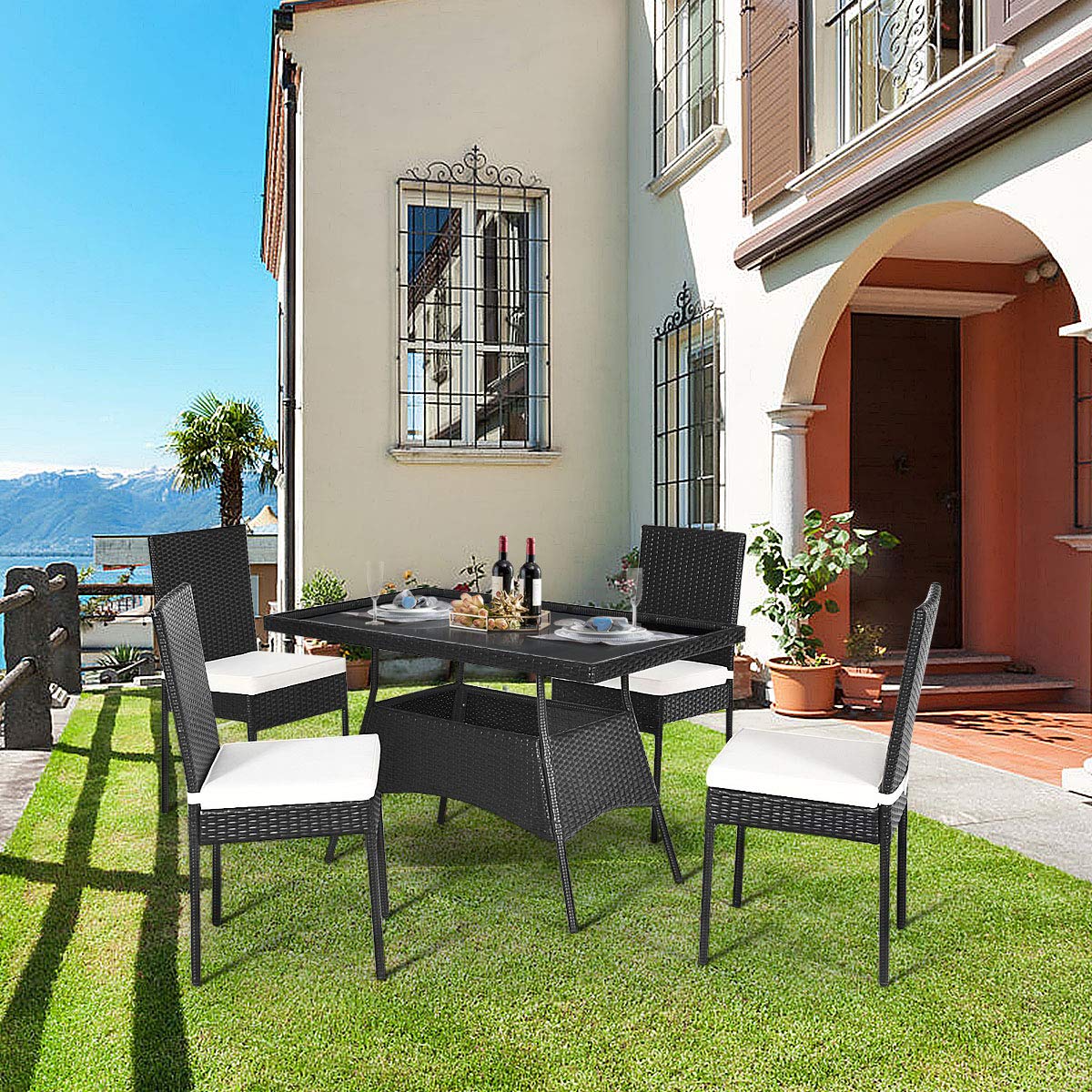 HAPPYGRILL 5-Piece Outdoor Patio Dining Set - Rattan Wicker Table & Chairs with Cushions & Tempered Glass Top - Garden, Poolside & Backyard Furniture for Relaxing & Entertaining