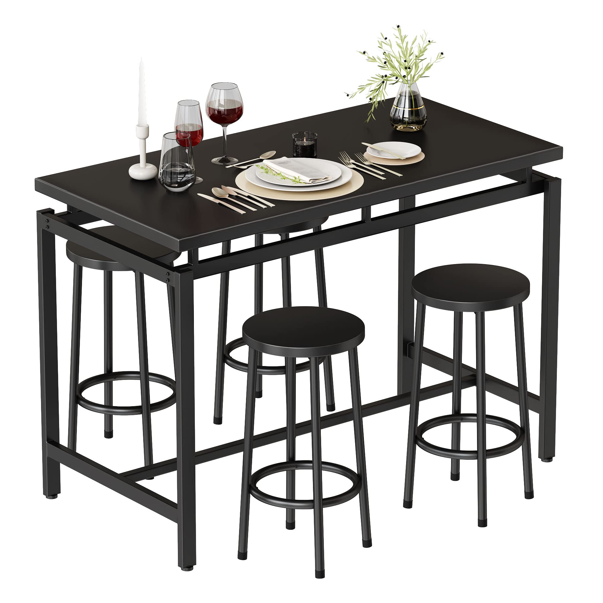 MIERES 5-Piece Industrial Counter Height Dining Table Set for 4 - Wood Kitchen Table & 4 Stools, Black | Perfect for Home Bar, Breakfast Nook, Small Space Living Room & Apartment Dining
