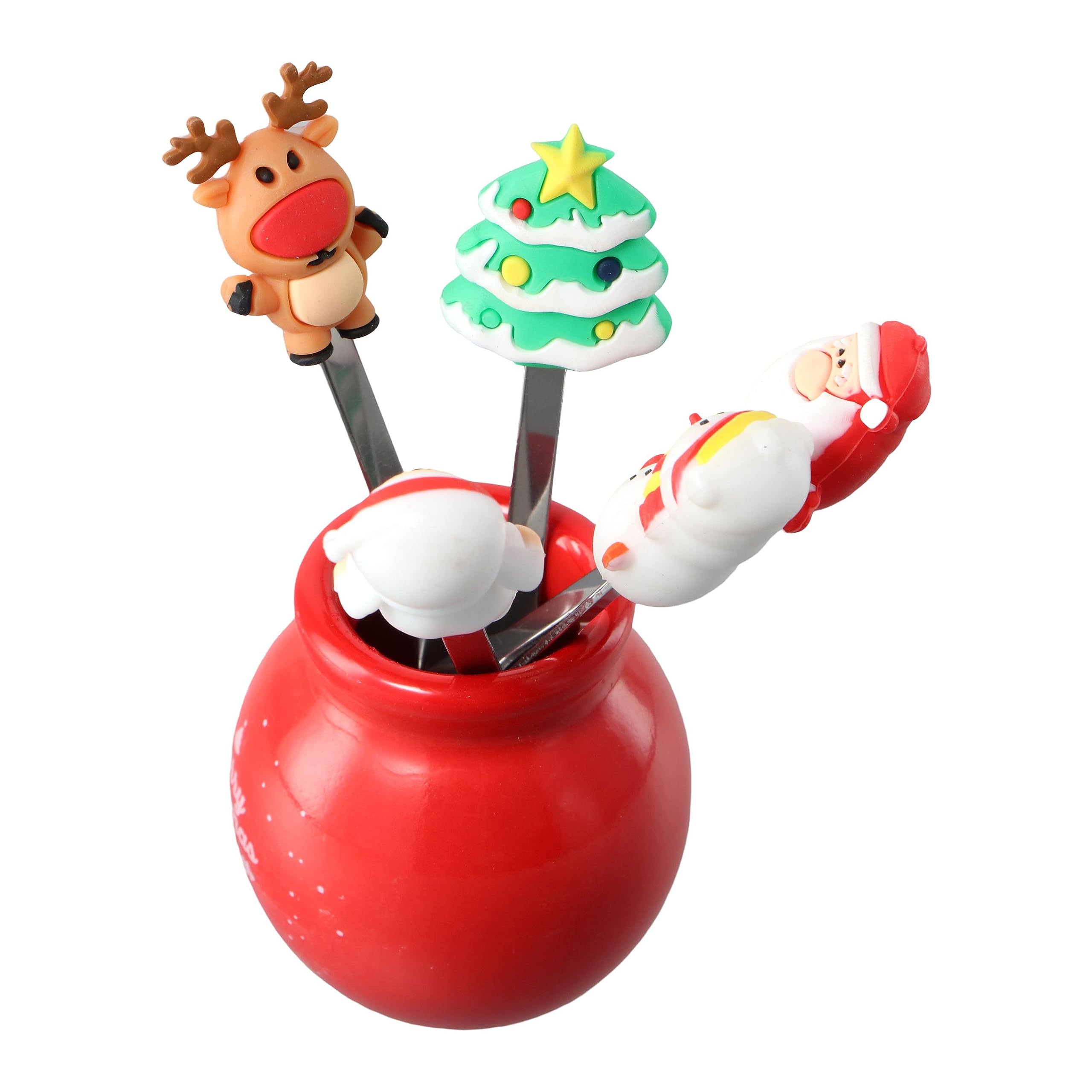 Premium Stainless Steel Food Picks with Ceramic Jars - Cute Cartoon Animal Fruit Forks with Silicone Handles for Cheese, Appetizers, Party Platters & Holiday Gatherings (Christmas, Thanksgiving, Birthday Celebrations)