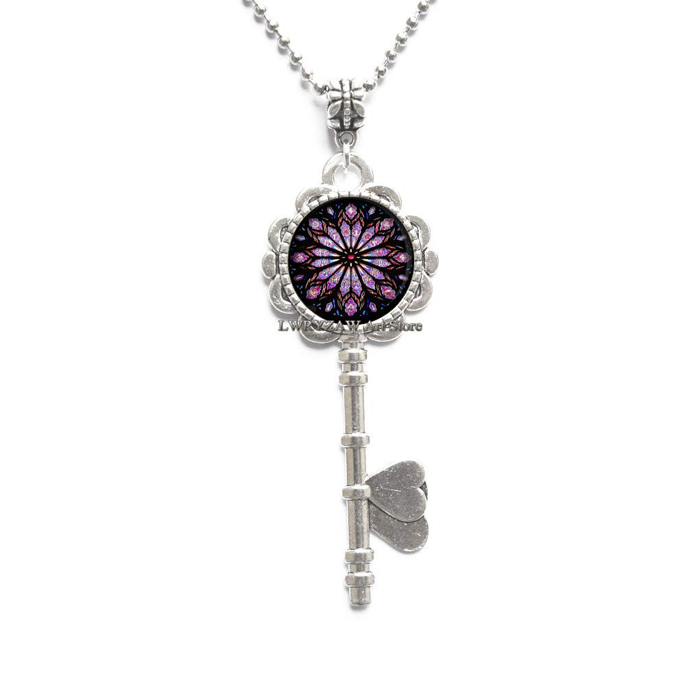Stained Glass Window Pendant Key Necklace - Rose Window Art Nouveau Catholic Jewelry with Notre Dame Inspired Design | Perfect for Religious Gifts, Church Events & Vintage Fashion Accessories