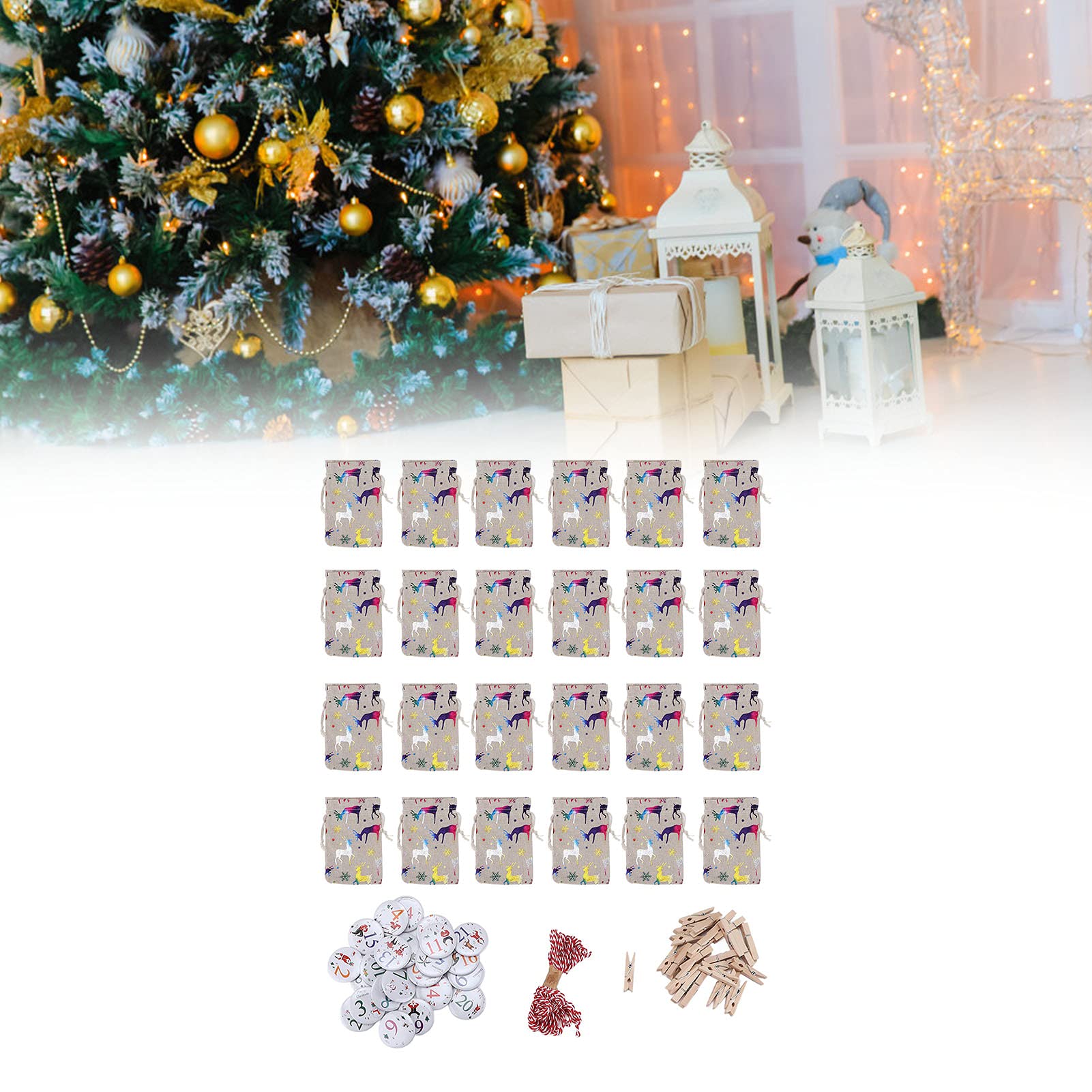 24PCS Drawstring Gift Bags - Hanging Christmas Bags with Clips, Linen Pouches for Holiday Birthday Party Favors | Perfect for Christmas Decorations, Stocking Stuffers & Gift Wrapping