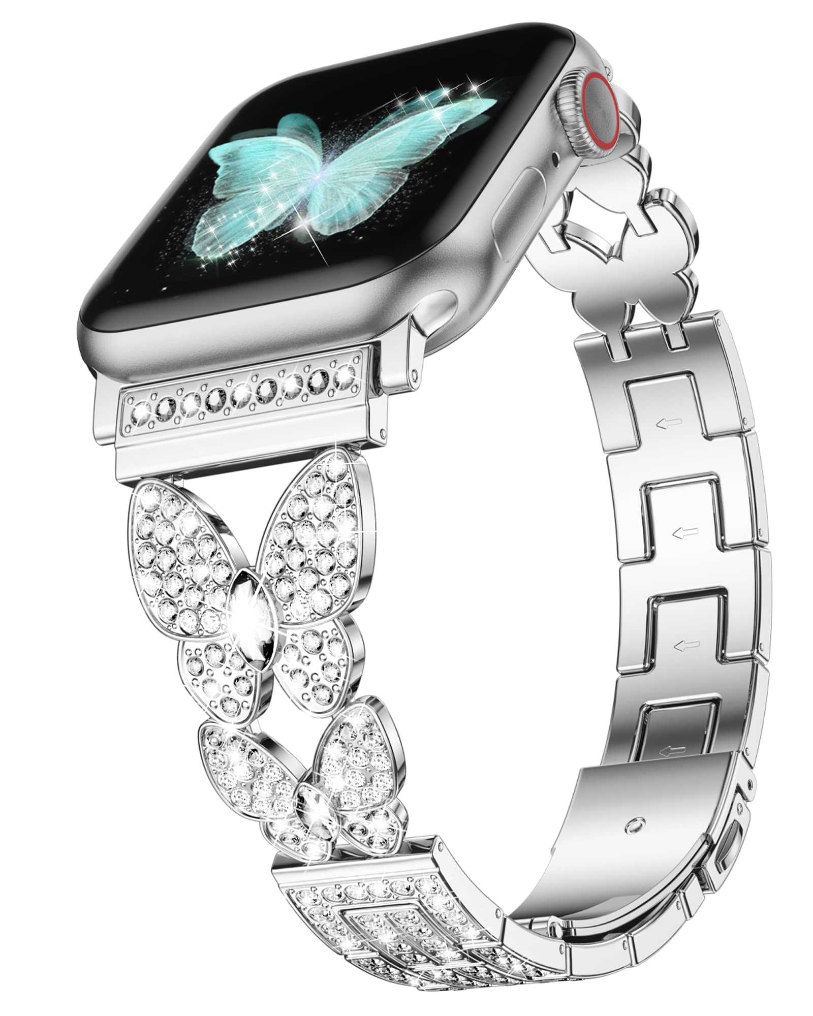 DGege Sparkling Bling Band Compatible for Apple Watch 38mm 40mm 41mm - Stylish Butterfly Jewelry Metal Strap for iWatch Series 8/7/6/5/4/3/2/1/SE/Ultra - Elegant Fashion Accessory for Women, Perfect for Parties, Work & Daily Wear