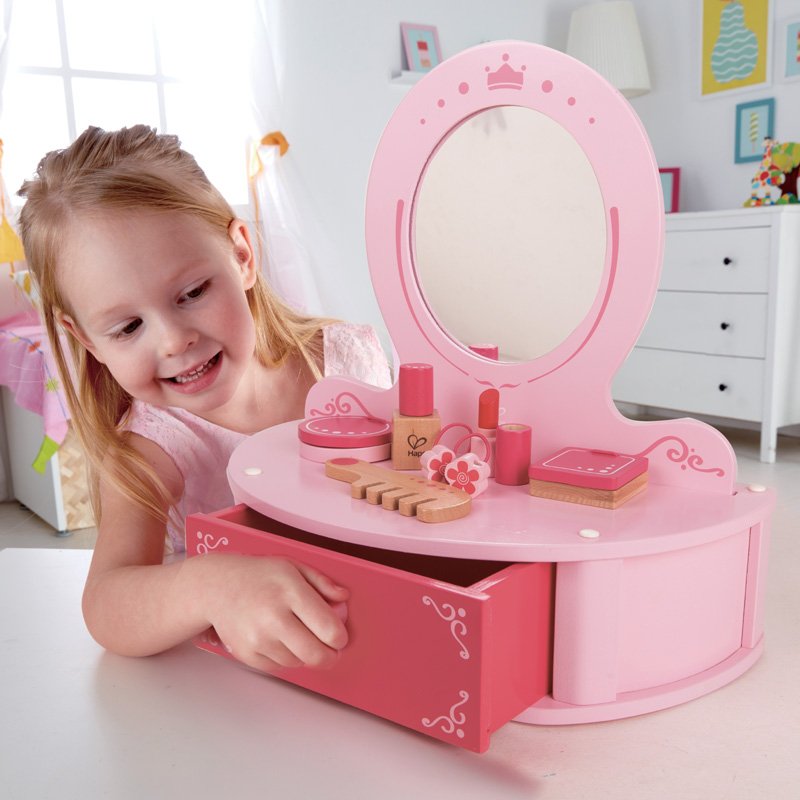 Hape Toys Petite Pink Vanity Toy - Wooden Beauty Desk with Drawer, Mirror & Pretend Makeup Kit for Girls | Includes Hairbrush, Lipstick, Compact, Perfume & Puffs | Perfect for Pretend Play, Dress Up & Role Play Games (Ages 3+)