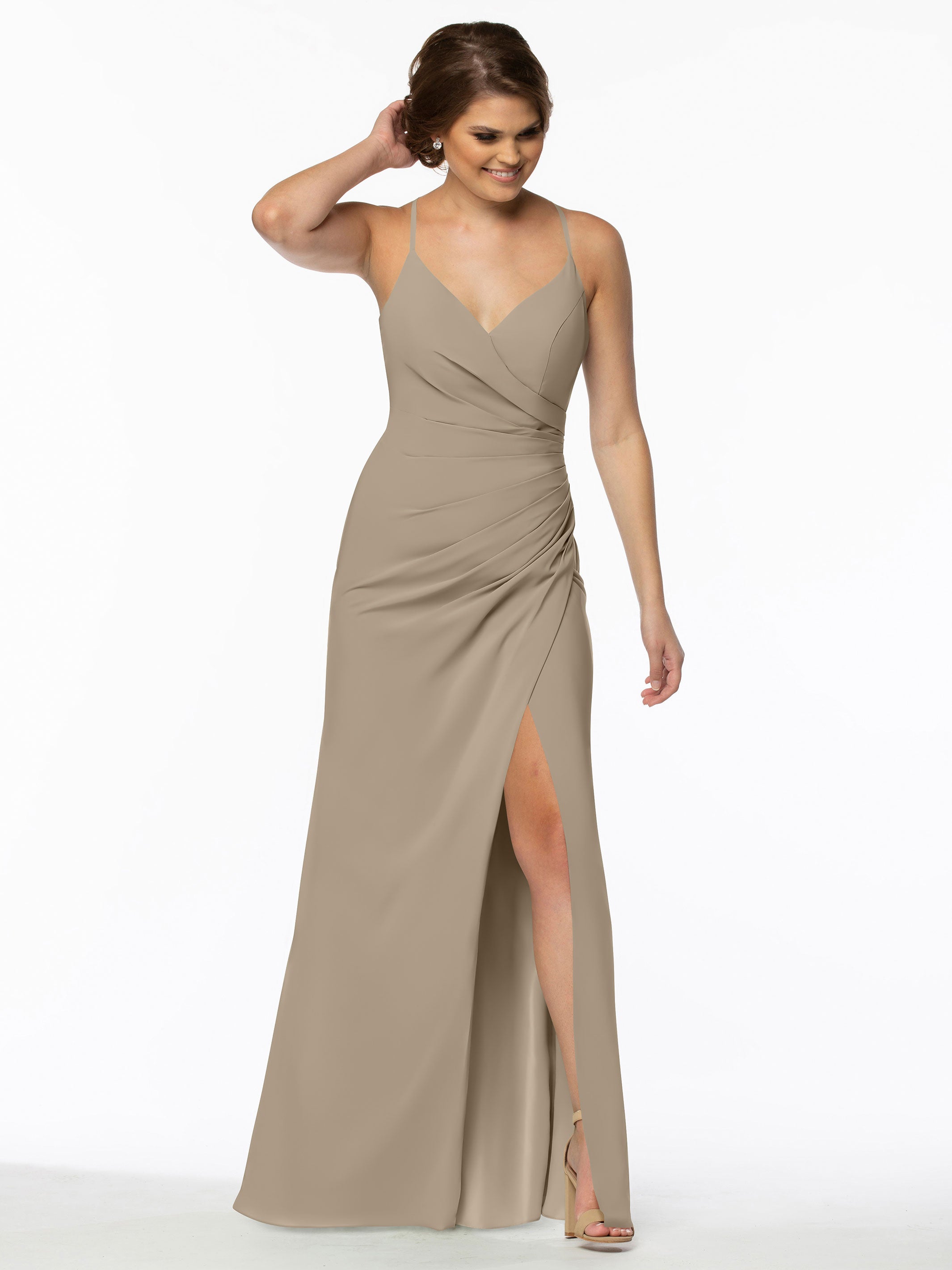 Elegant 80114 Stretch Chiffon Sheath Bridesmaid Dress with Ruching and High Slit - Perfect for Weddings, Formal Events & Evening Parties