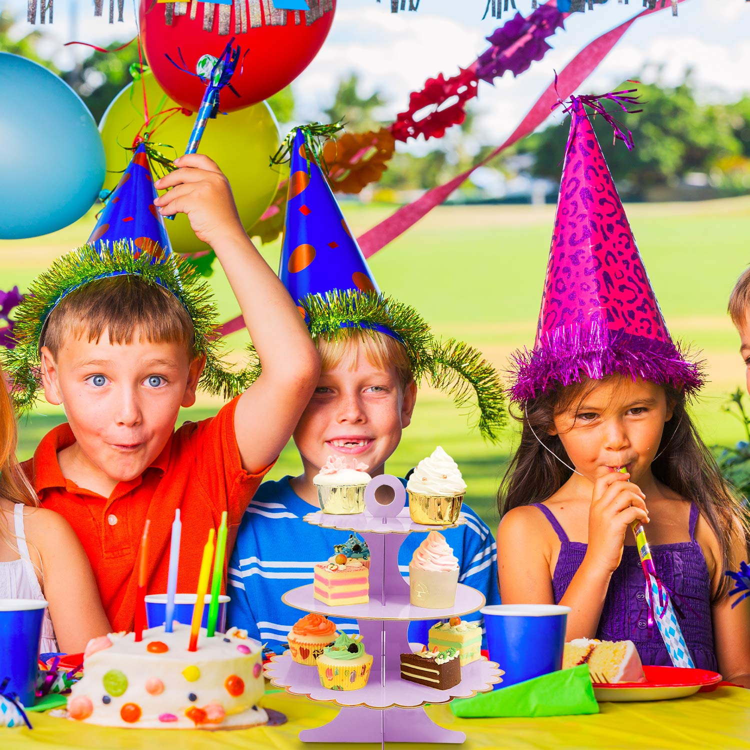 3-Tier Cupcake Stand Set - Purple Cardboard Dessert Display Tower for Mini Cakes, Cookies & Candy Buffet | Perfect for Birthday Parties, Baby Showers & Wedding Receptions