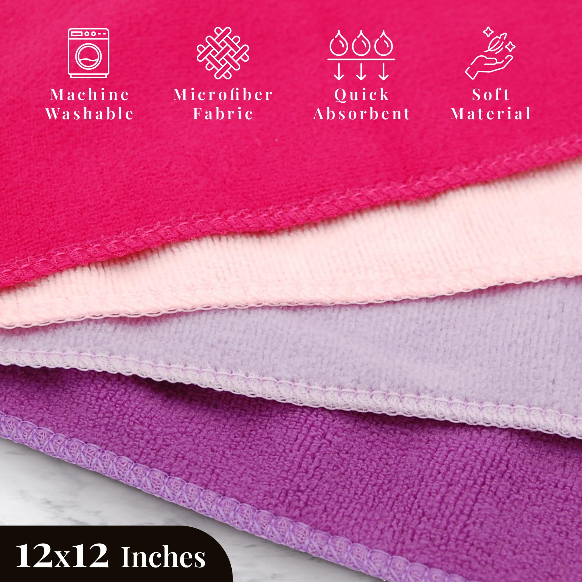 EcoSol Designs - 12x12 Inch Microfiber Cleaning Towels Set of 4 | Ultra Soft, Thick & Quick Dry | Perfect for Car Detailing, Kitchen Cleaning, Gym & Office Use | Dark Pink, Light Pink, Purple & Lavender