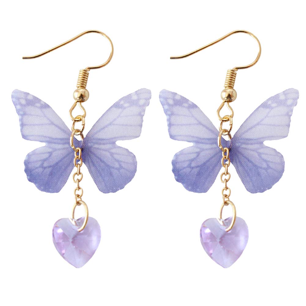 Elegant Purple Butterfly Heart Dangle Hook Earrings for Women - Perfect for Parties, Weddings & Jewelry Gifts | Long Drop Fashion Earrings for Special Occasions