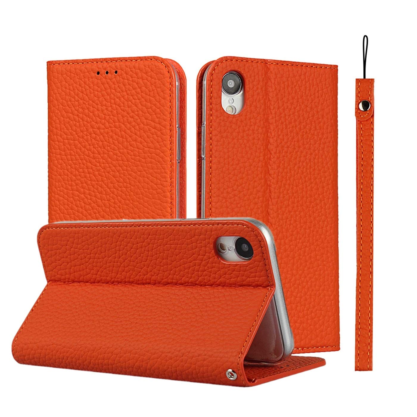 Genuine Leather Wallet Case for iPhone XR with Wrist Strap, Card Holder & Magnetic Closure - Kickstand Phone Cover (Orange) | Perfect for Everyday Use, Travel & Hands-Free Viewing