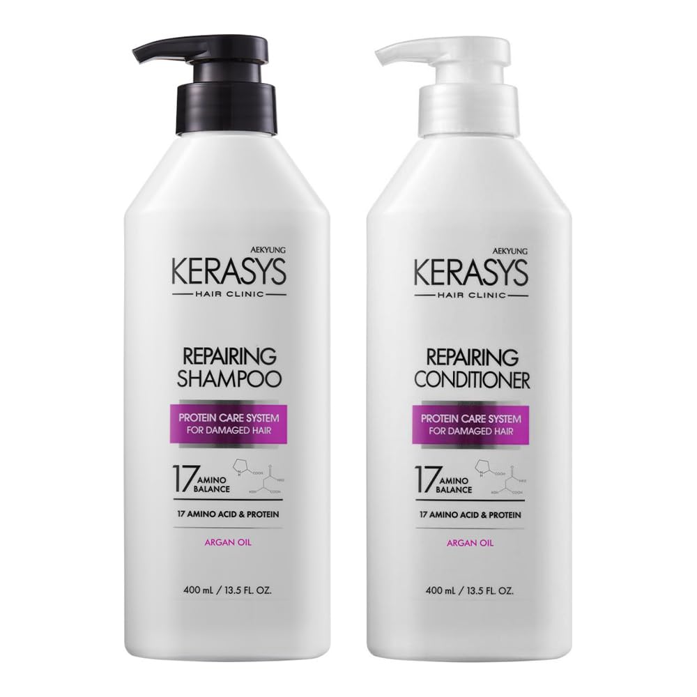 Kerasys Hair Clinic Protein Care System with Argan Oil - Damaged Hair Repair Shampoo & Conditioner Set (13.5 fl oz / 400 ml) | For Dry, Brittle & Color-Treated Hair | Salon-Quality At-Home Treatment