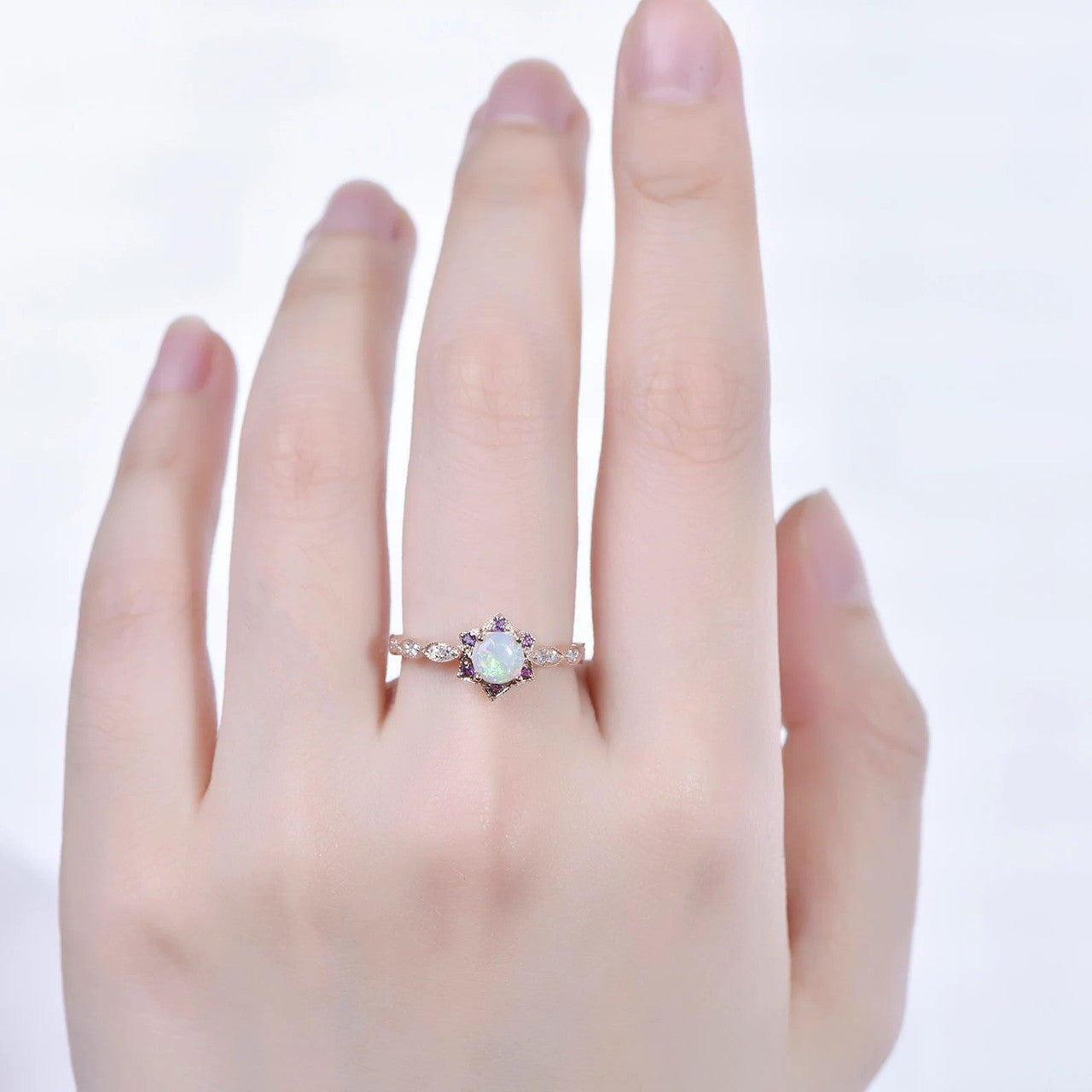0.5 Carat Round Cut Opal & Amethyst Halo Engagement Ring in Rose Gold - Elegant Dainty Jewelry for Wedding, Proposal & Anniversary Gifts
