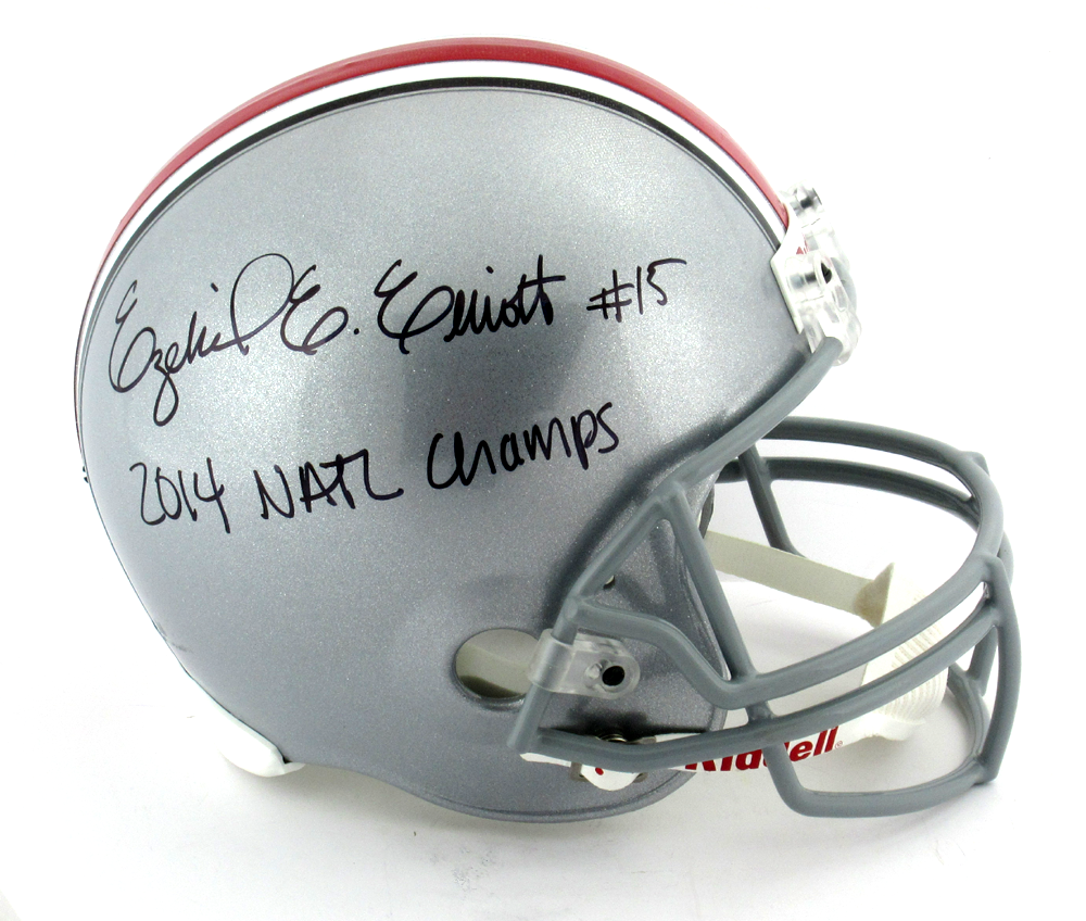 Ezekiel Elliott Autographed Ohio State Buckeyes Riddell Full Size Football Helmet with 2014 National Championship Inscription - Perfect for Sports Memorabilia Collectors and Buckeyes Fans Display