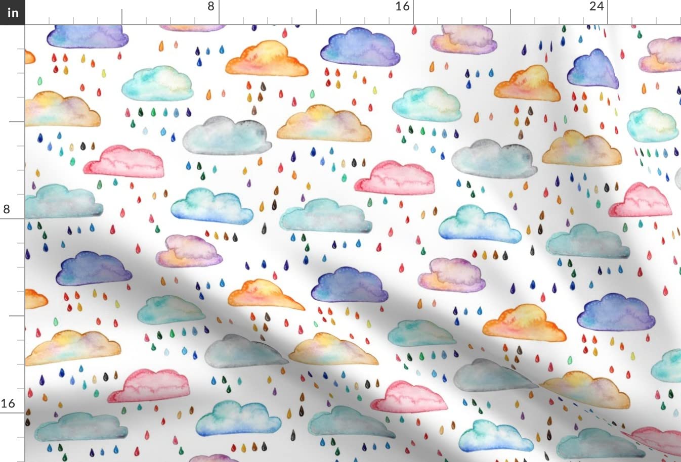 Watercolor Clouds Rain Raindrops Rainbow Printed Minky Fabric Fat Quarter - Soft Plush Fabric for Sewing Baby Blankets, Quilt Backing & DIY Plush Toys - Perfect for Nursery Decor, Baby Shower Gifts & Craft Projects