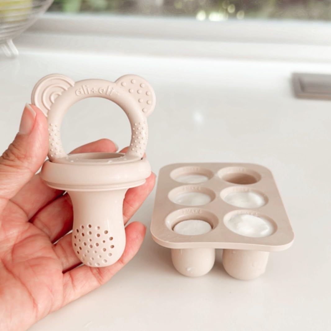 Ali+Oli (3-Pc) BPA-Free Food-Grade Silicone Baby Fruit Feeder & Teether Set with Freezer Tray - Mist Taupe | Infant & Toddler Soothing Pacifier for Fresh Fruits, Breastmilk & Teething Relief | Perfect for On-the-Go Feeding & Pain Relief
