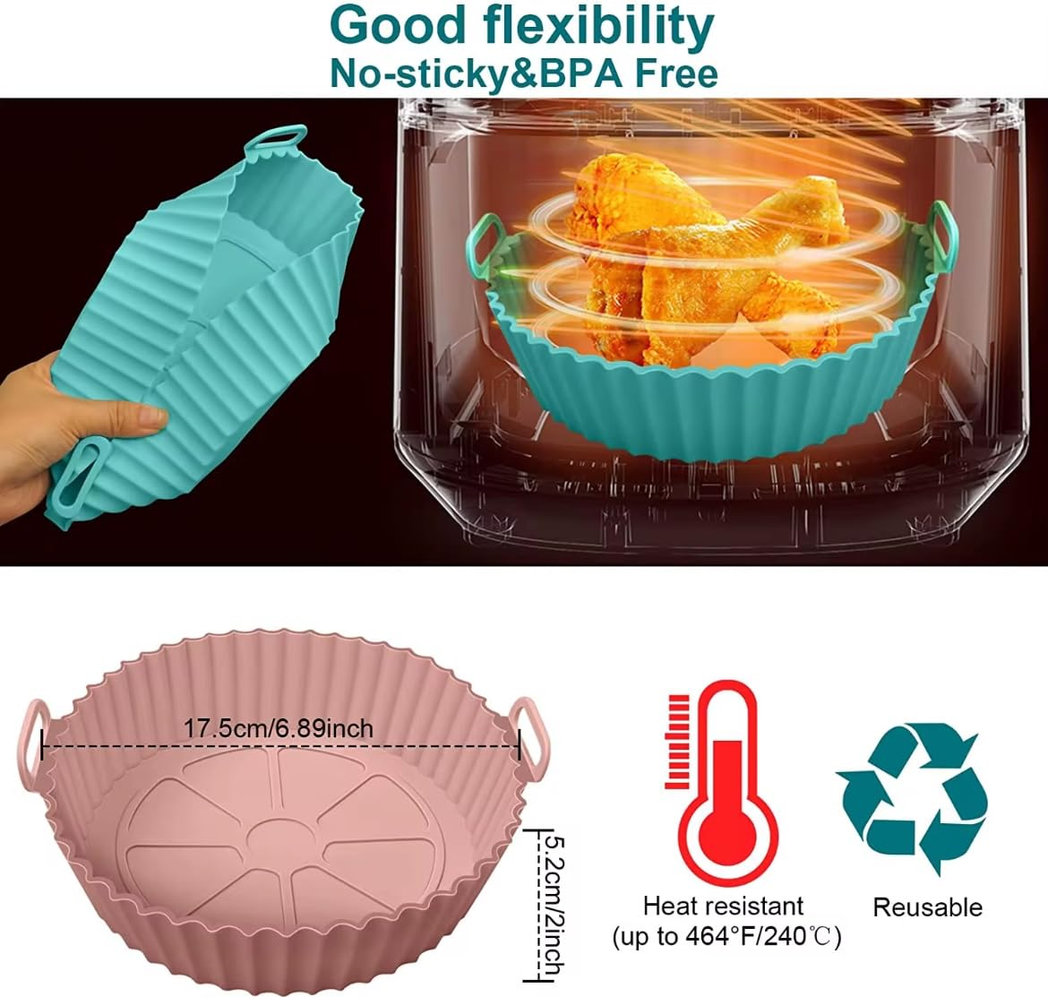 Reusable Silicone Air Fryer Liners (2-Pack) - Non-Stick, Heat-Resistant Baking Mats for Air Fryers, Ovens & Steamers - Easy to Clean, Eco-Friendly, Round with Handle - Perfect for Healthy Cooking & Meal Prep