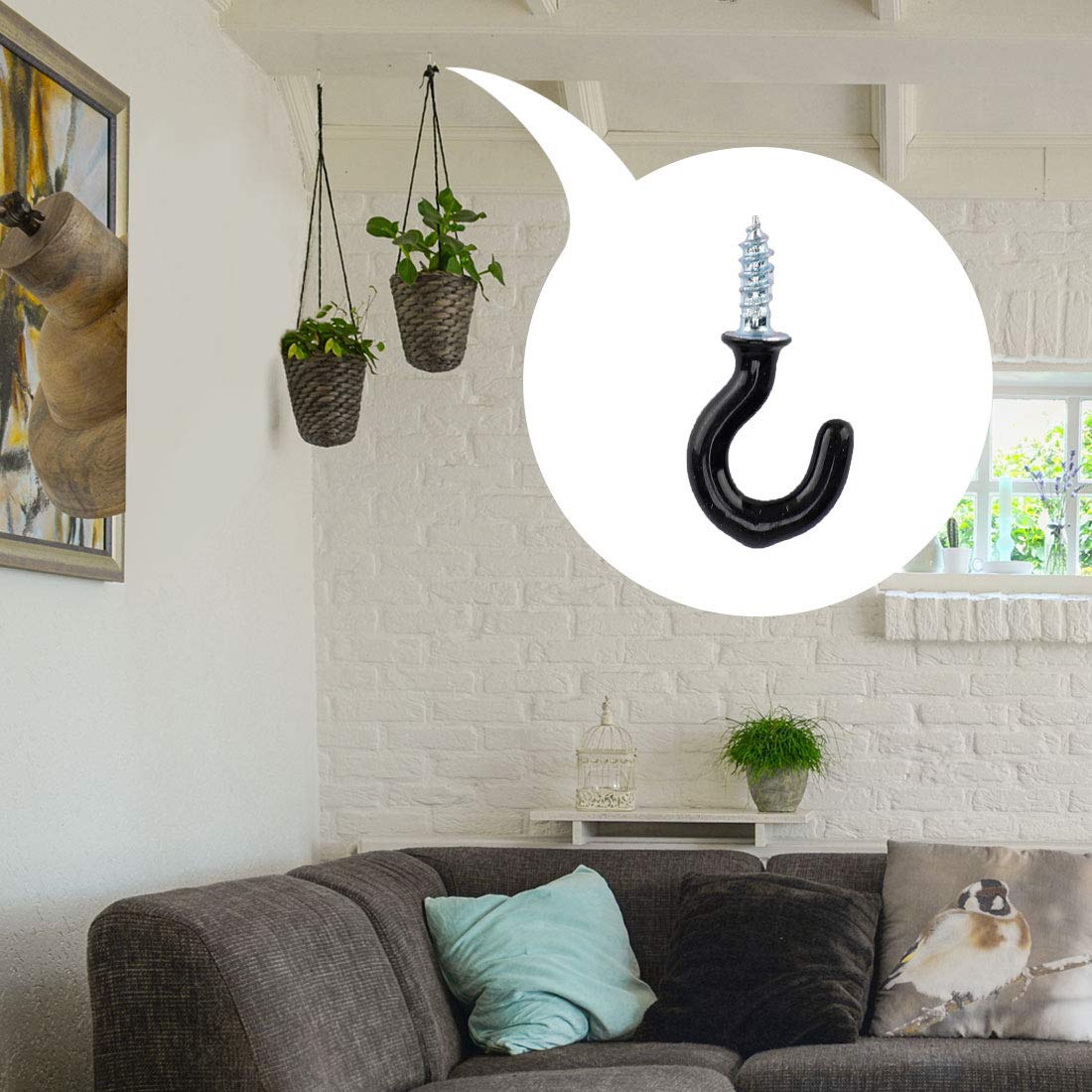 50pcs Black Vinyl Coated Metal Screw-in Cup Hooks - 1/2 Inch Heavy Duty Ceiling Hooks for Hanging Plants, Lights & Decor - Perfect for Home, Office & Outdoor Use